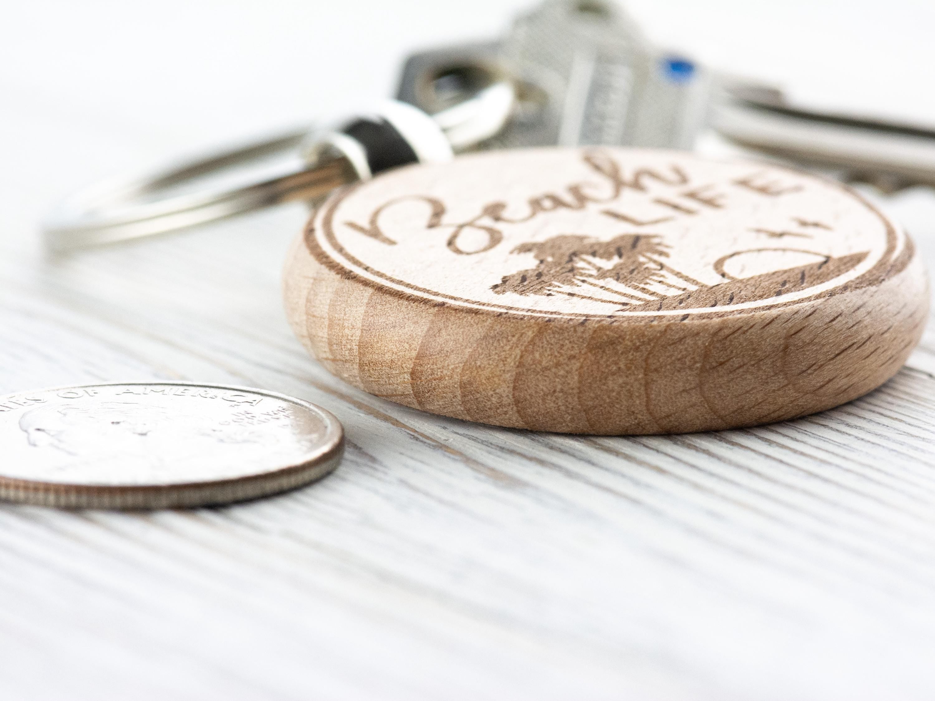 Beach Life Natural Wood Keychain • Laser-Engraved Stainless Steel Keyring • Double-Sided