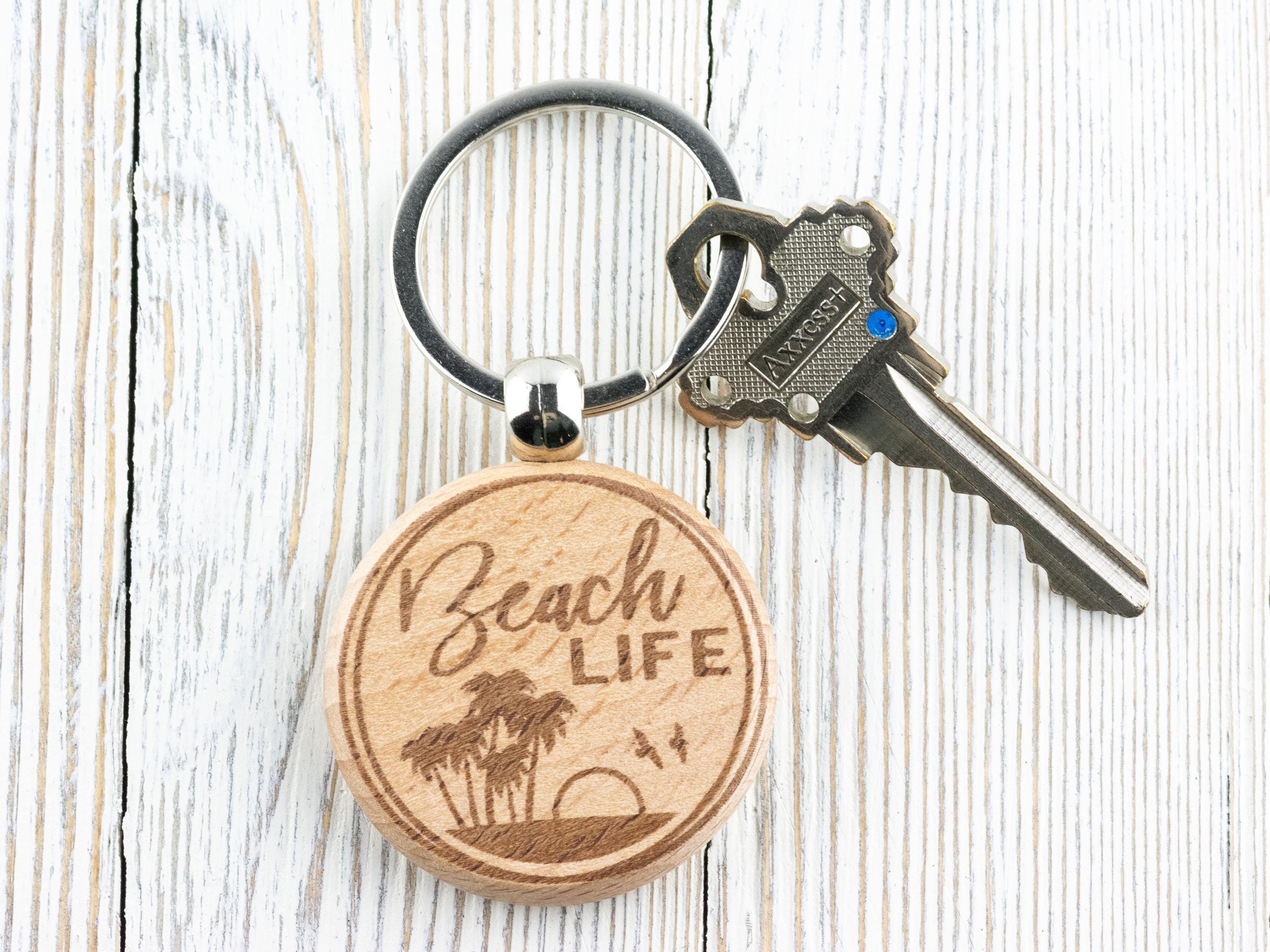 Beach Life Natural Wood Keychain • Laser-Engraved Stainless Steel Keyring • Double-Sided