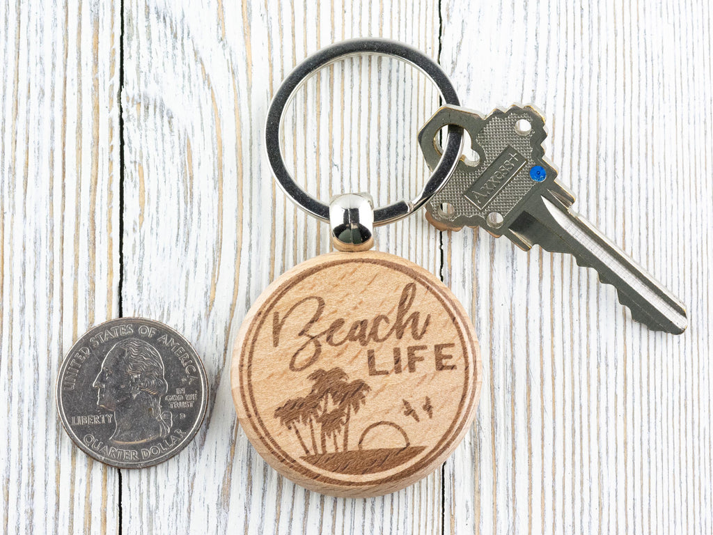 Beach Life Natural Wood Keychain • Laser-Engraved Stainless Steel Keyring • Double-Sided
