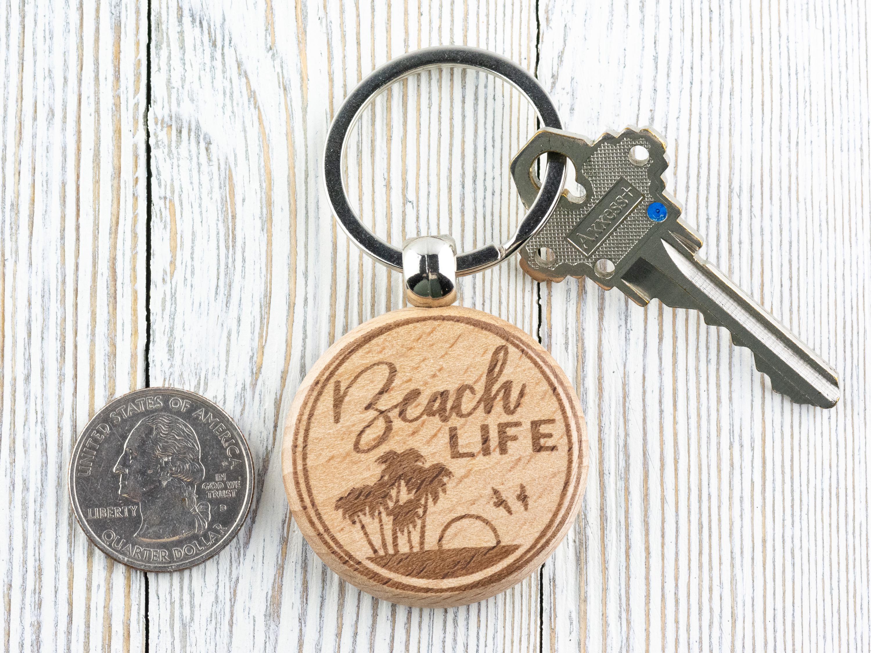 Beach Life Natural Wood Keychain • Laser-Engraved Stainless Steel Keyring • Double-Sided