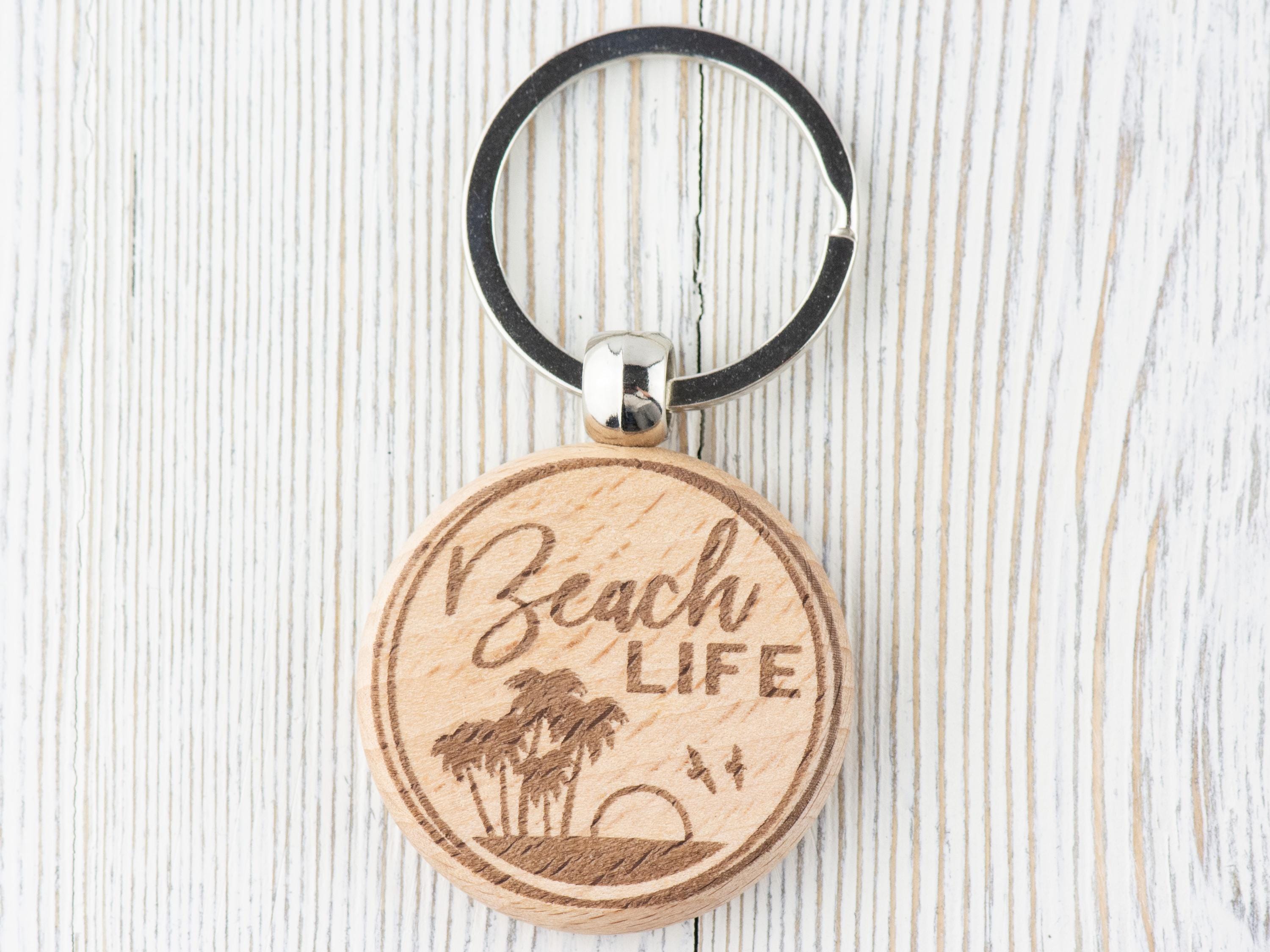 Beach Life Natural Wood Keychain • Laser-Engraved Stainless Steel Keyring • Double-Sided