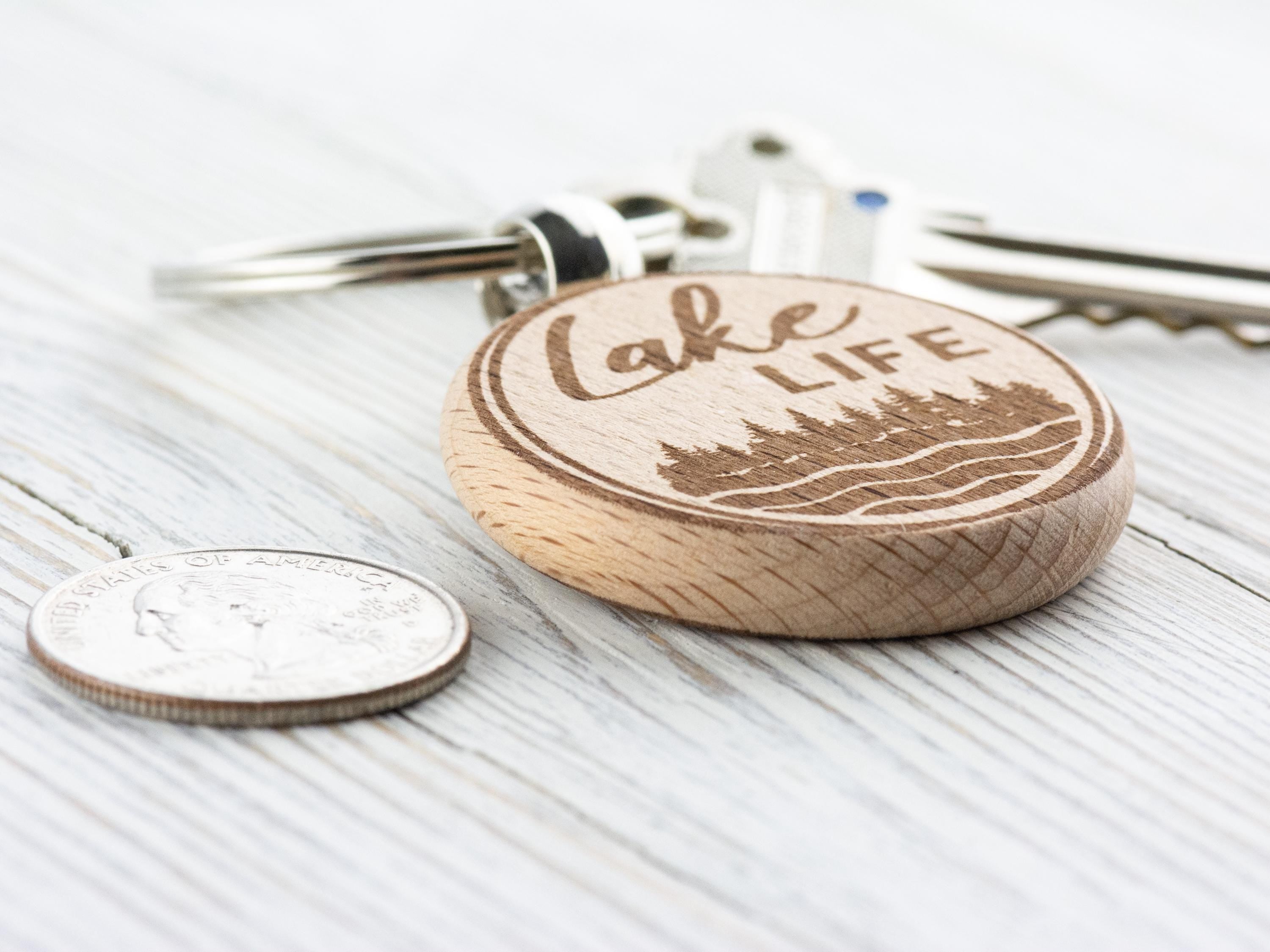 Lake Life Natural Wood Keychain • Laser-Engraved Stainless Steel Keyring • Double-Sided