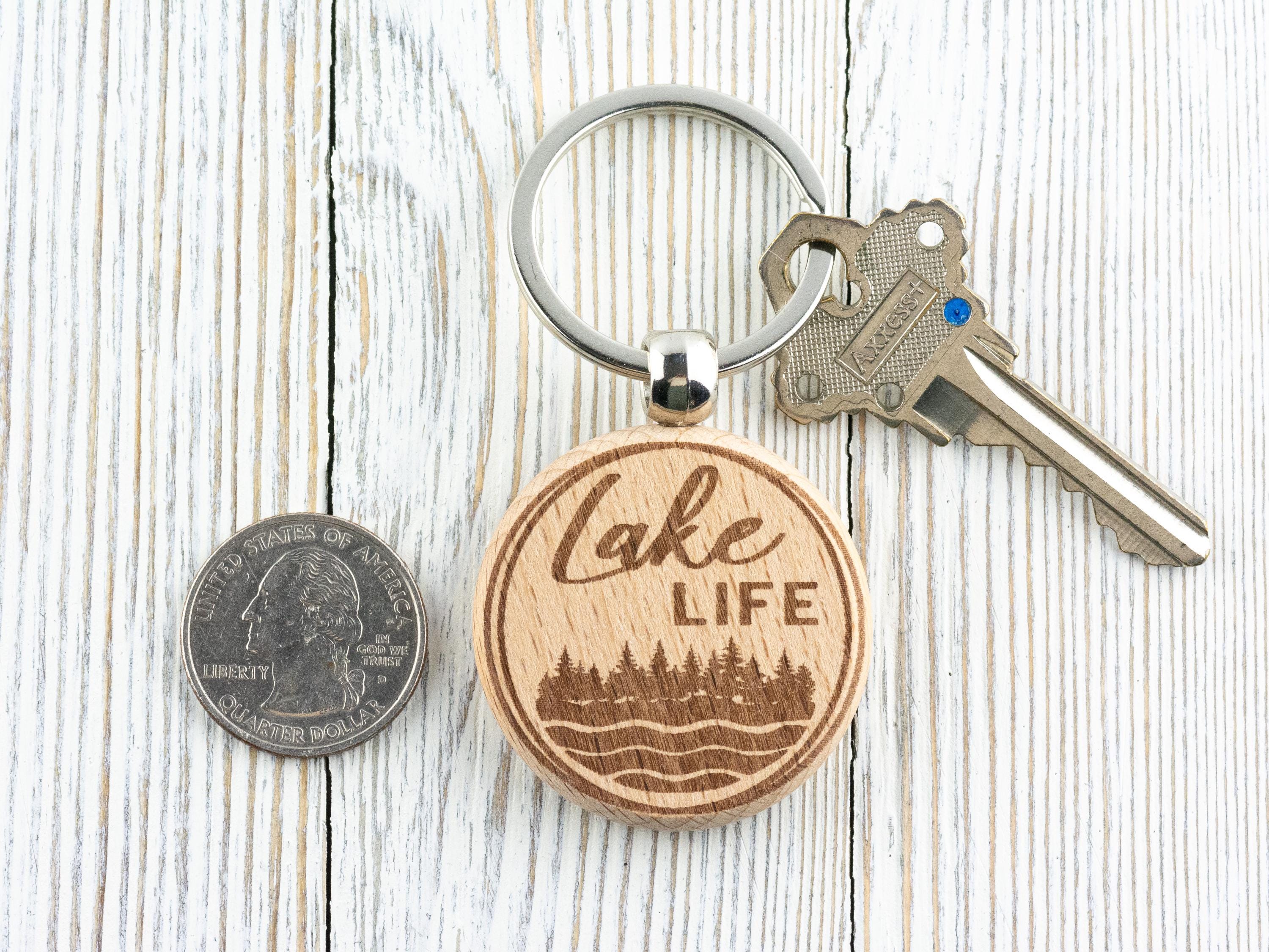 Lake Life Natural Wood Keychain • Laser-Engraved Stainless Steel Keyring • Double-Sided