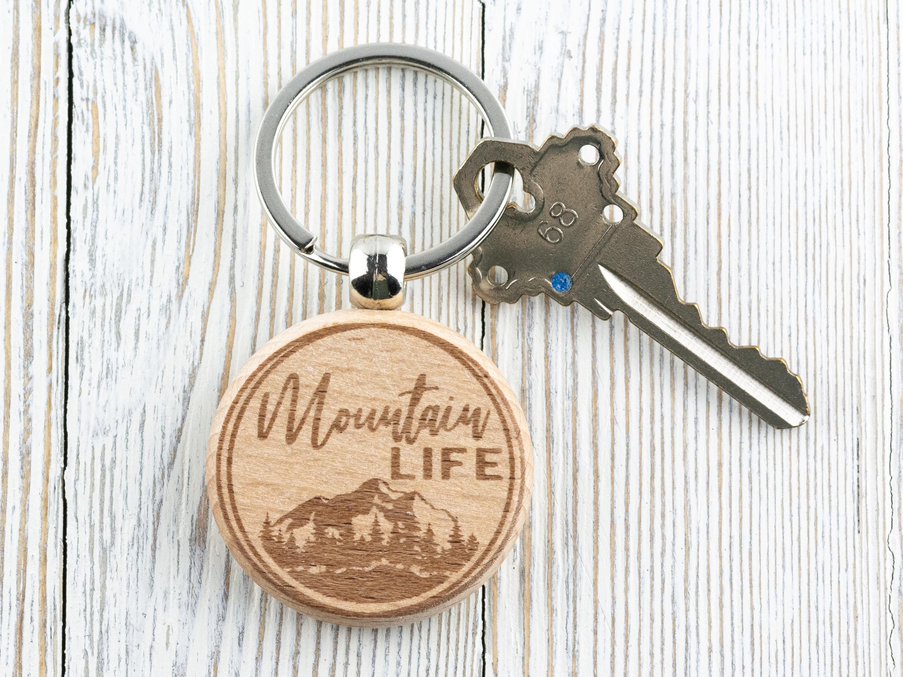 Mountain Life Natural Wood Keychain • Laser-Engraved Stainless Steel Keyring • Double-Sided