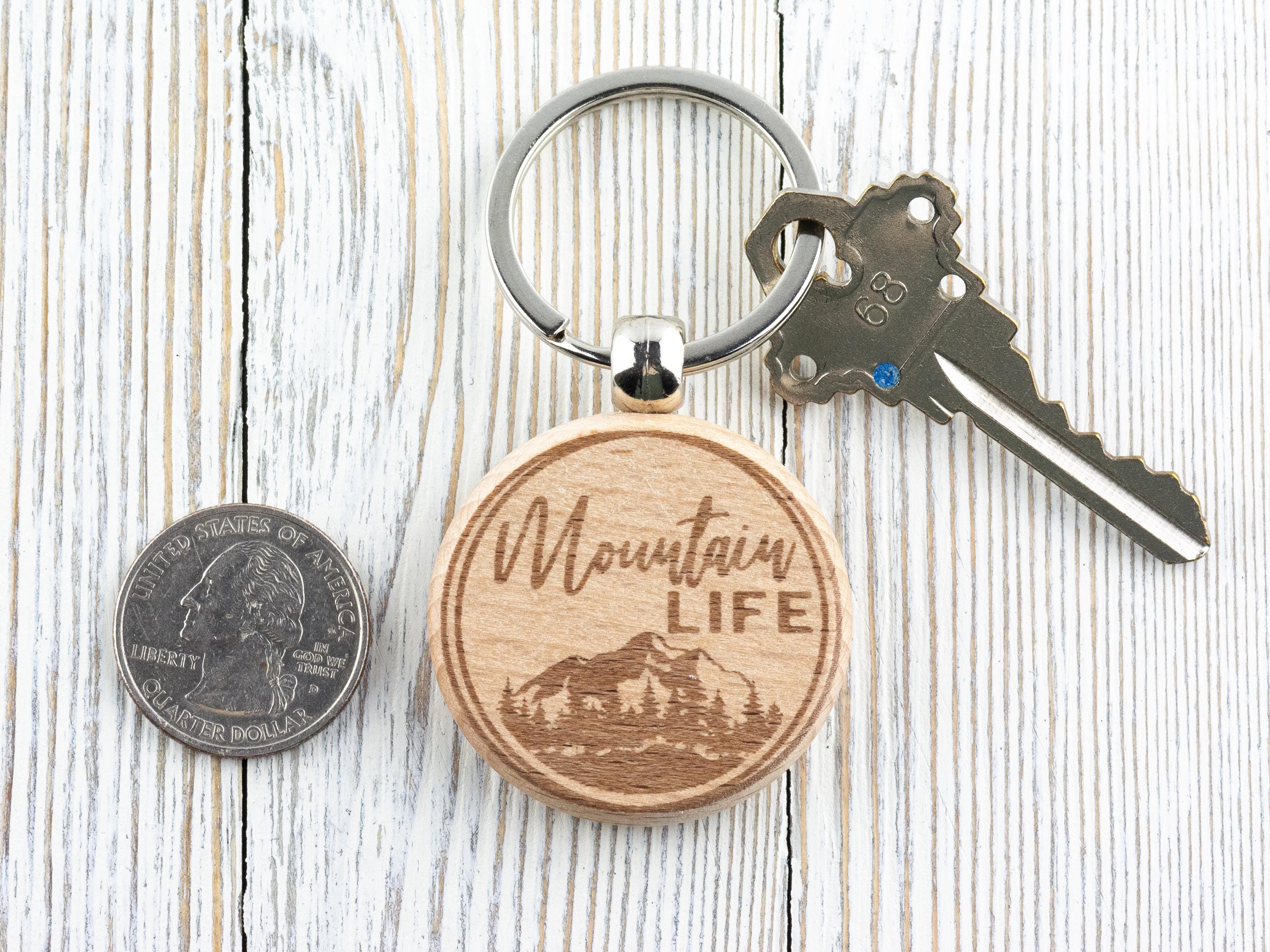 Mountain Life Natural Wood Keychain • Laser-Engraved Stainless Steel Keyring • Double-Sided