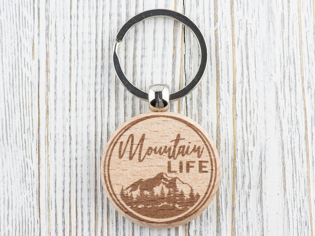 Mountain Life Natural Wood Keychain • Laser-Engraved Stainless Steel Keyring • Double-Sided