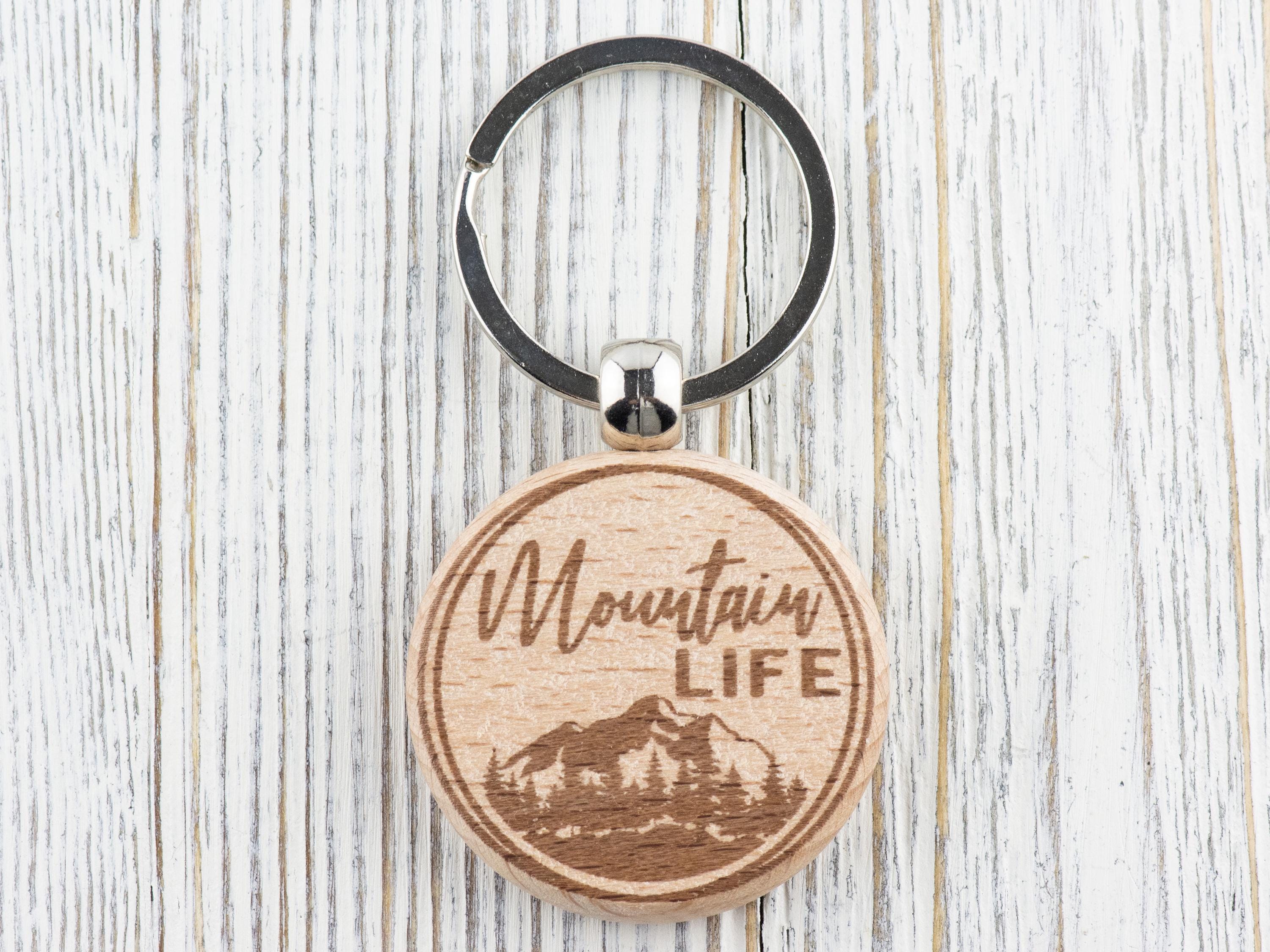 Mountain Life Natural Wood Keychain • Laser-Engraved Stainless Steel Keyring • Double-Sided