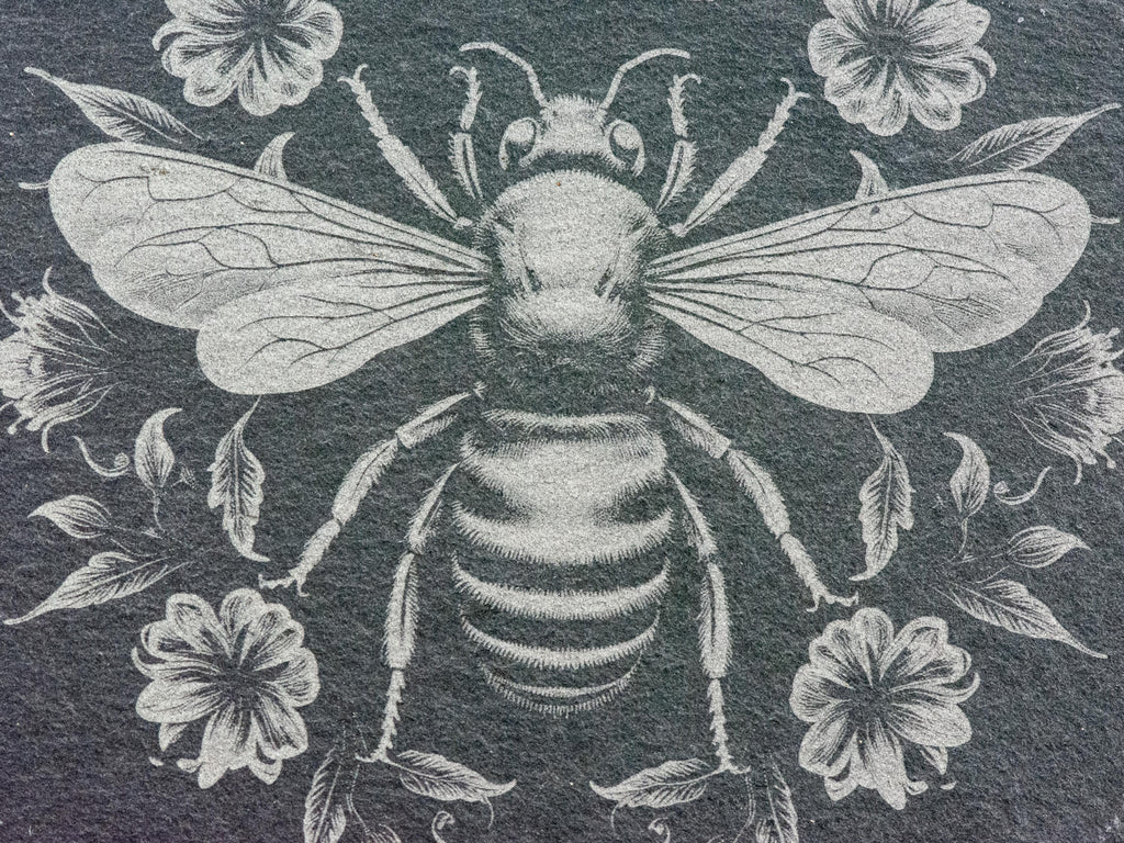 Floral Bumble Bee #1 Black Slate Round Coaster • Laser-Engraved Rustic Barware