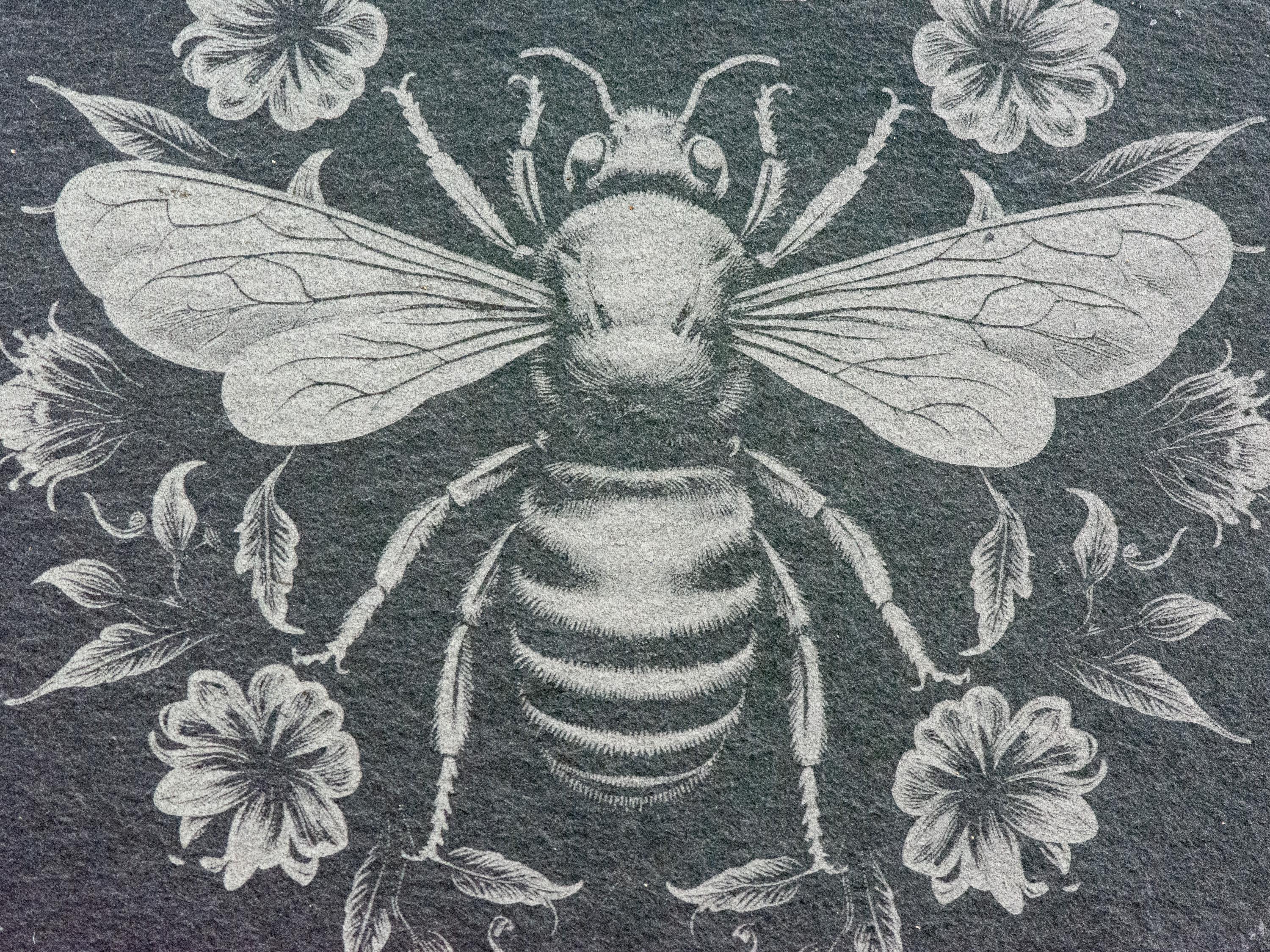 Floral Bumble Bee #1 Black Slate Round Coaster • Laser-Engraved Rustic Barware