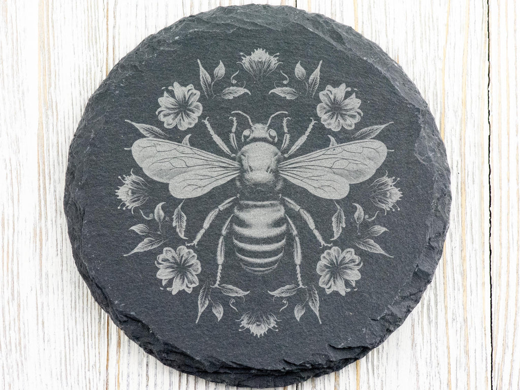 Floral Bumble Bee #1 Black Slate Round Coaster • Laser-Engraved Rustic Barware