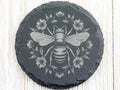 Floral Bumble Bee #1 Black Slate Round Coaster • Laser-Engraved Rustic Barware