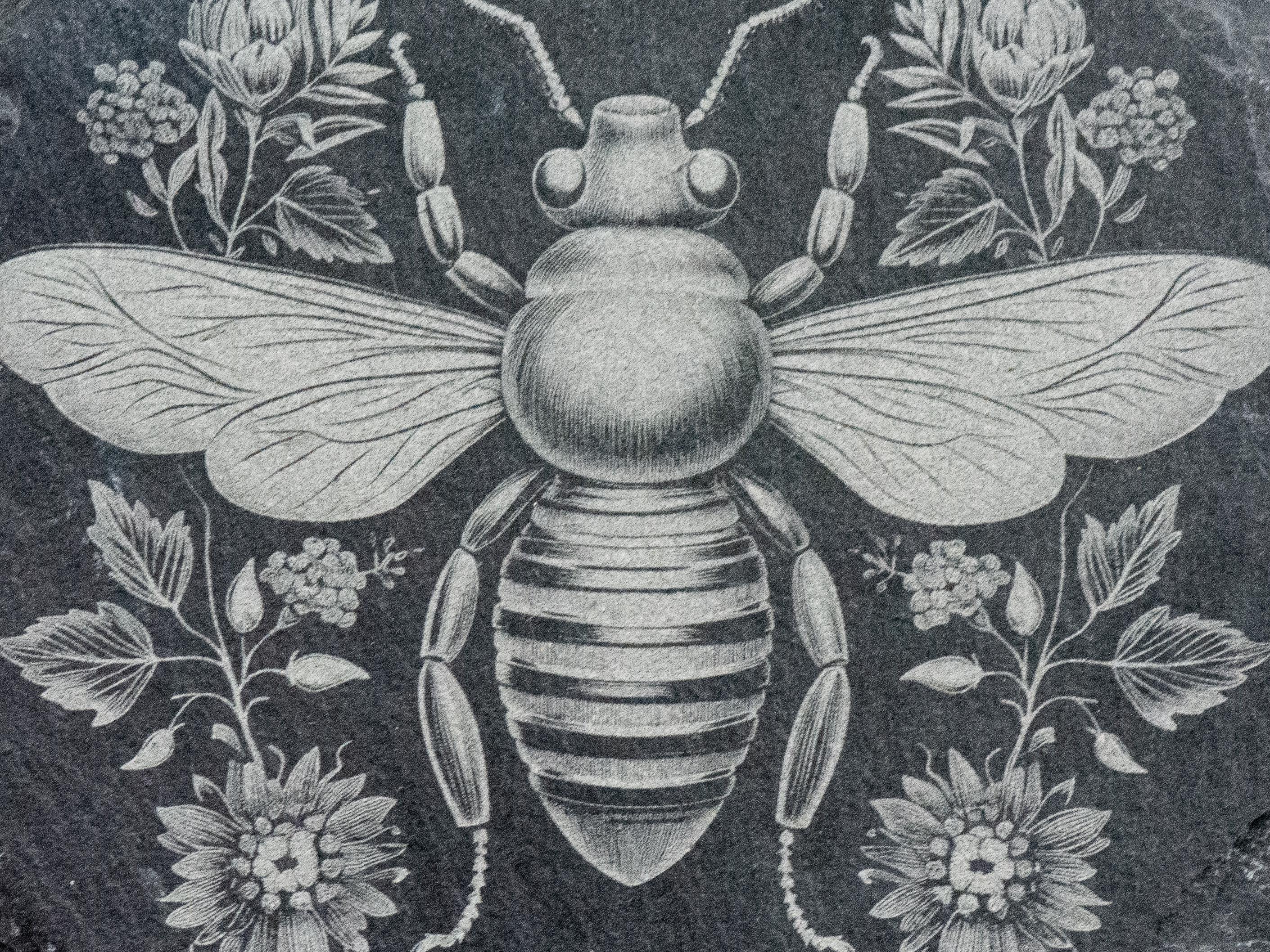 Floral Bumble Bee #2 Black Slate Round Coaster • Laser-Engraved Rustic Barware