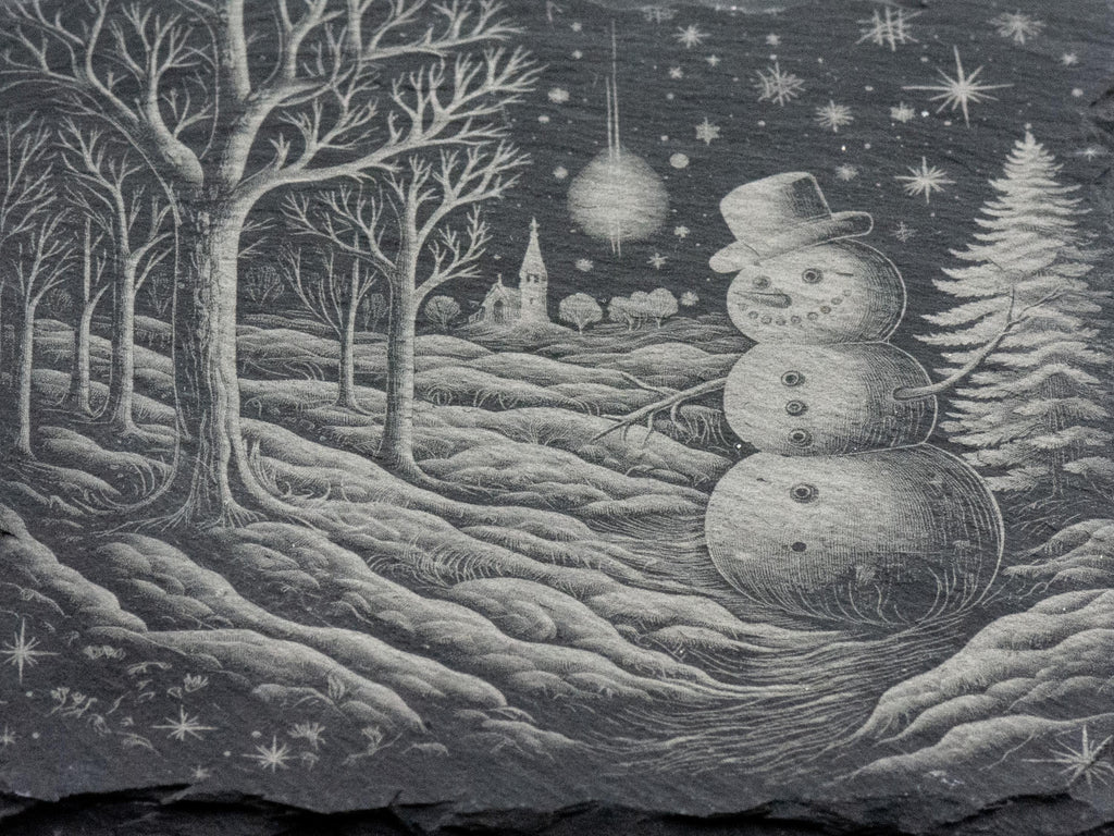 Laser Engraved Snowman #1 Black Slate Square Coaster • Rustic Barware