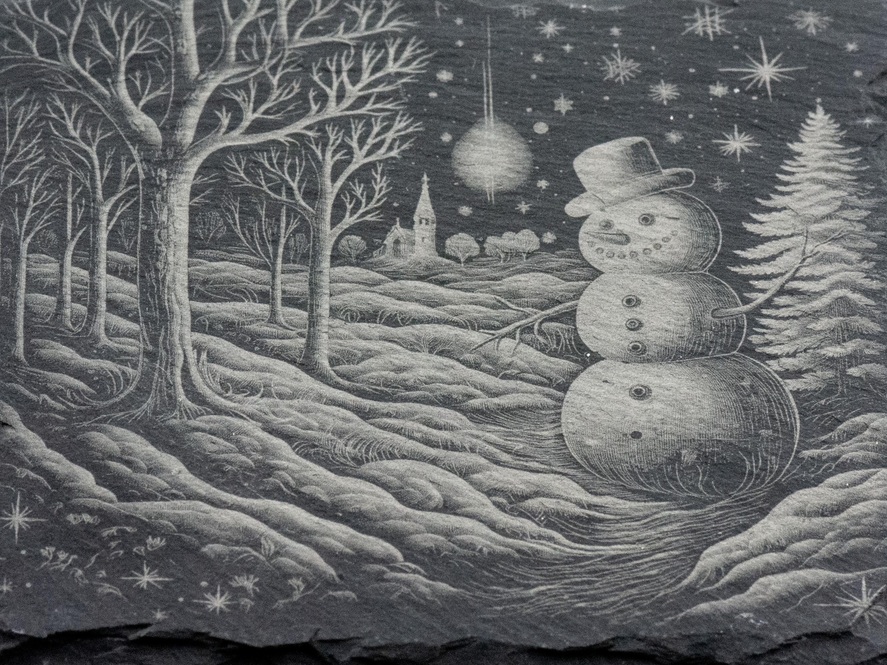 Laser Engraved Snowman #1 Black Slate Square Coaster • Rustic Barware