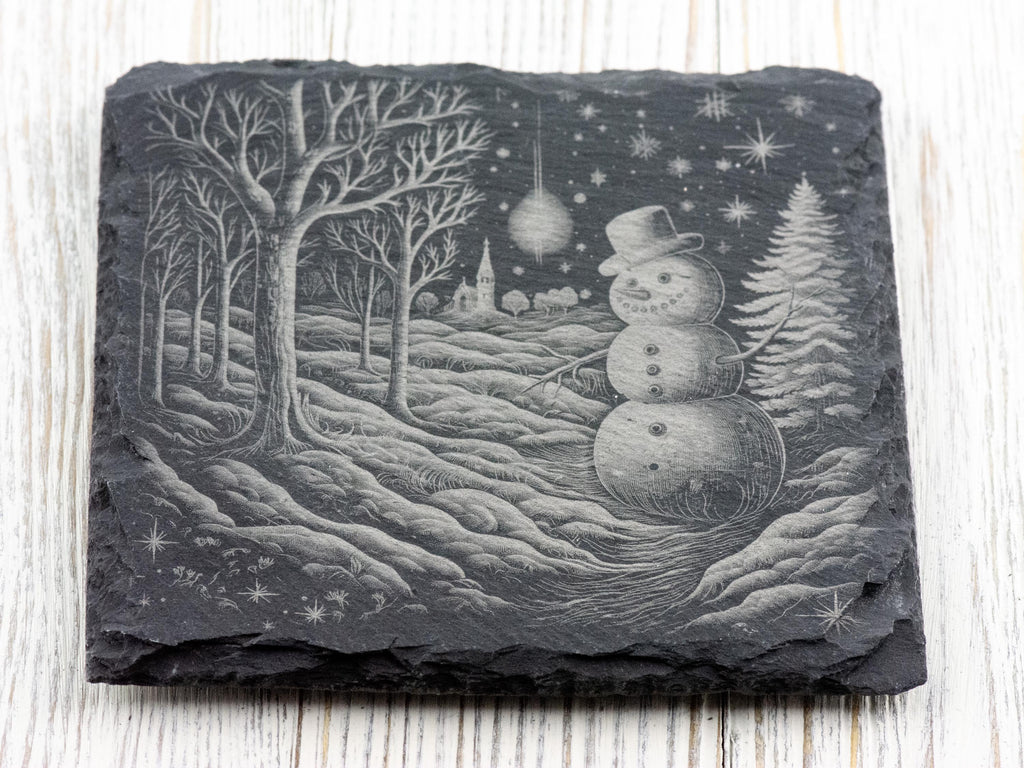 Laser Engraved Snowman #1 Black Slate Square Coaster • Rustic Barware