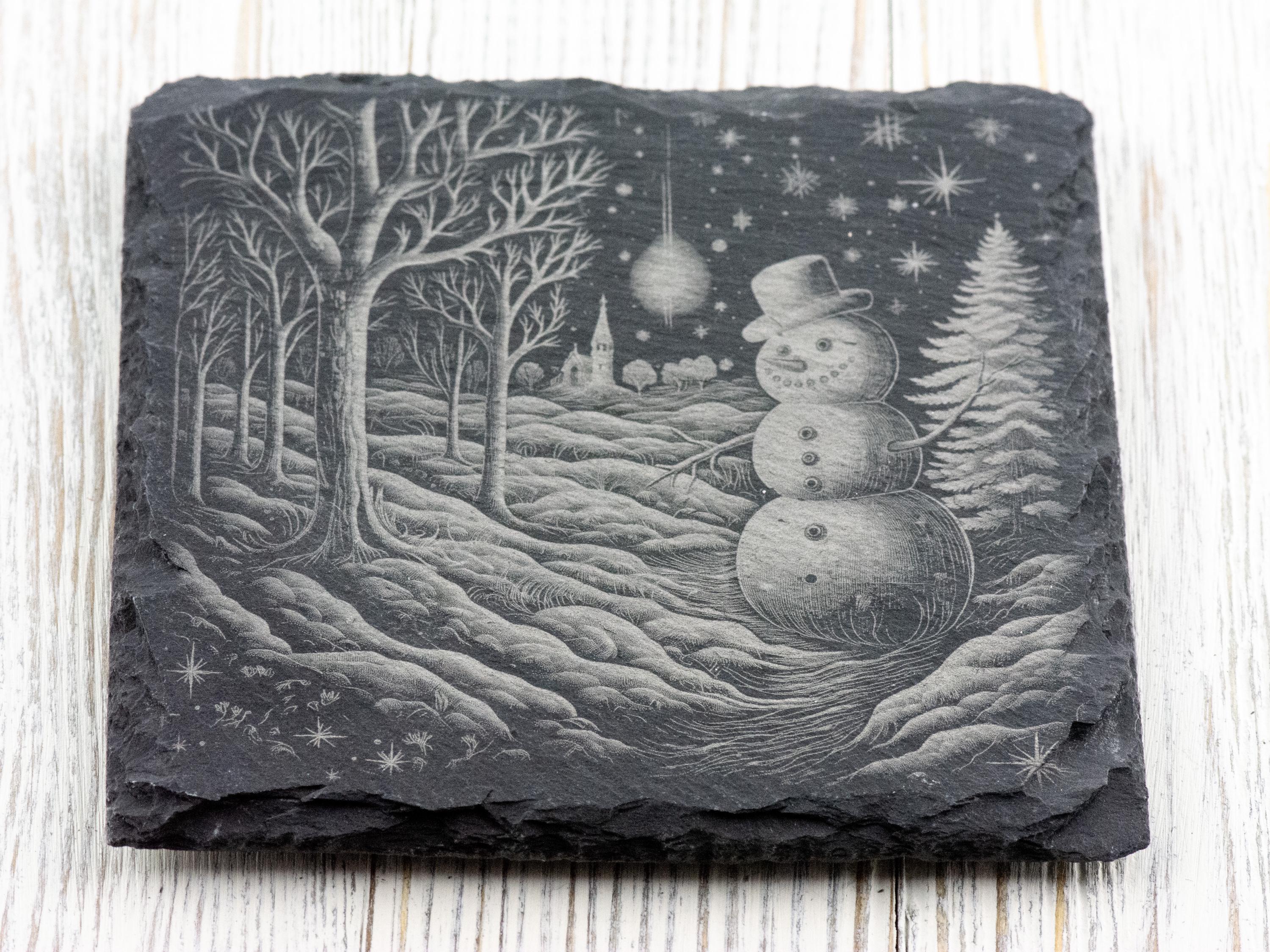 Laser Engraved Snowman #1 Black Slate Square Coaster • Rustic Barware