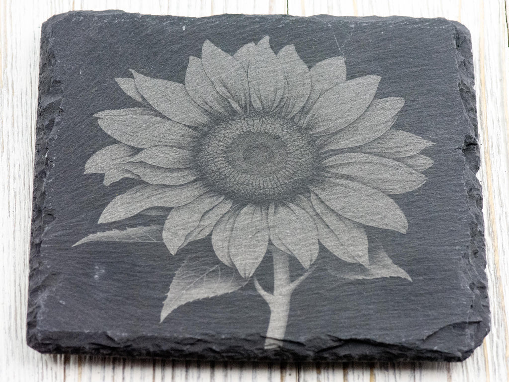 Laser Engraved Sunflower Black Slate Square Coaster • Rustic Barware