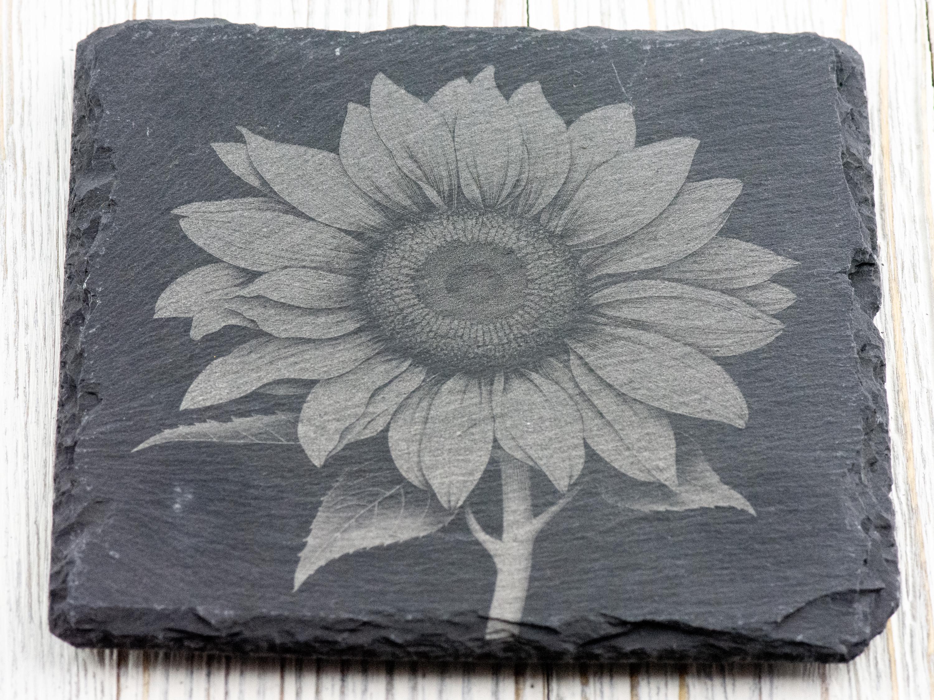 Laser Engraved Sunflower Black Slate Square Coaster • Rustic Barware
