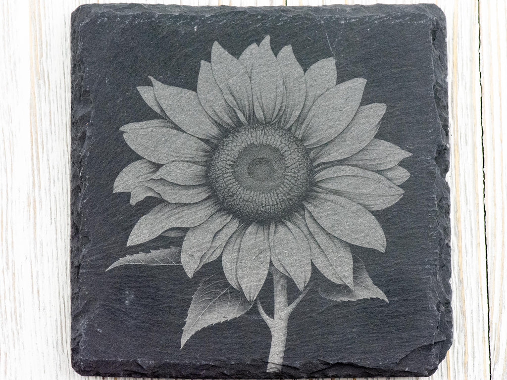 Laser Engraved Sunflower Black Slate Square Coaster • Rustic Barware