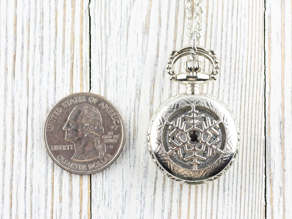 Snowflake Platinum Silver Pocket Watch Long Necklace / Unique Watches / Winter Necklace