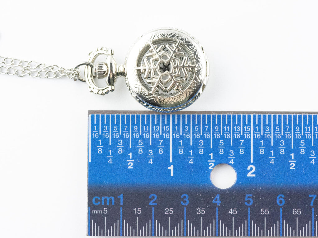 Snowflake Platinum Silver Pocket Watch Long Necklace / Unique Watches / Winter Necklace