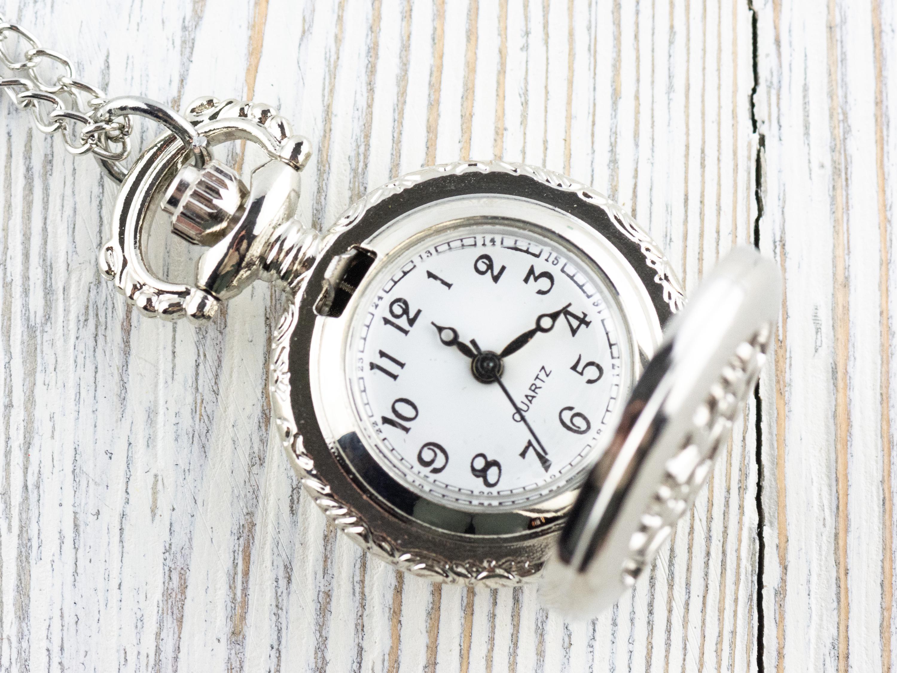 Snowflake Platinum Silver Pocket Watch Long Necklace / Unique Watches / Winter Necklace