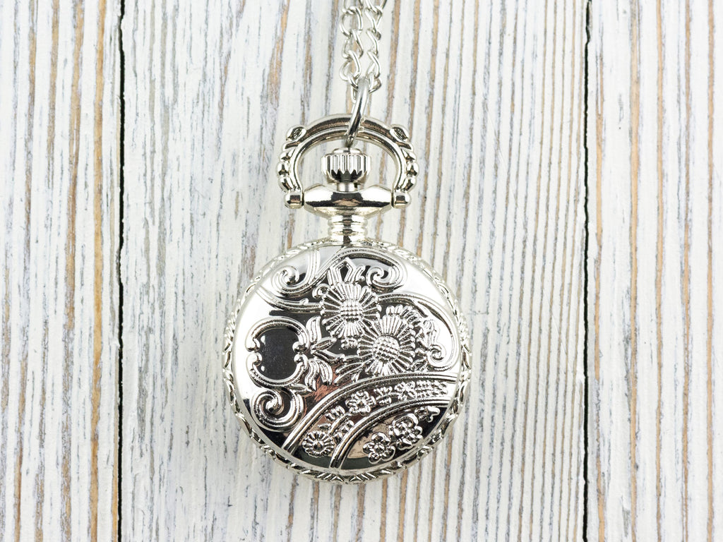 Snowflake Platinum Silver Pocket Watch Long Necklace / Unique Watches / Winter Necklace