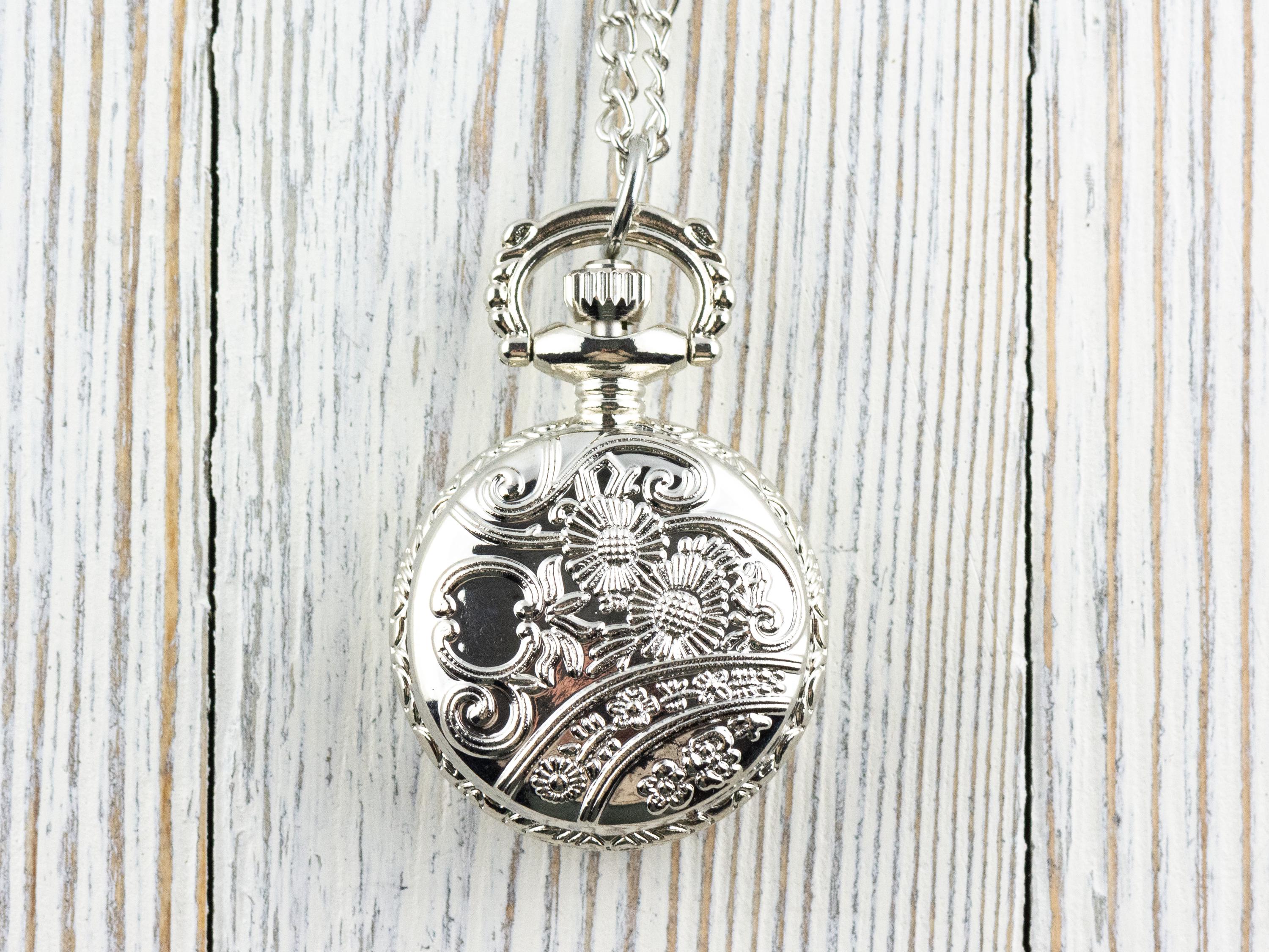 Snowflake Platinum Silver Pocket Watch Long Necklace / Unique Watches / Winter Necklace