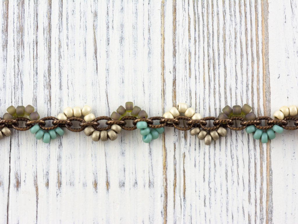 Earth Tone Seed Bead Boho Necklace • Long Brass Chain Tassel Necklace • Nature Inspired Handmade Bohemian Jewelry • Unique Necklace