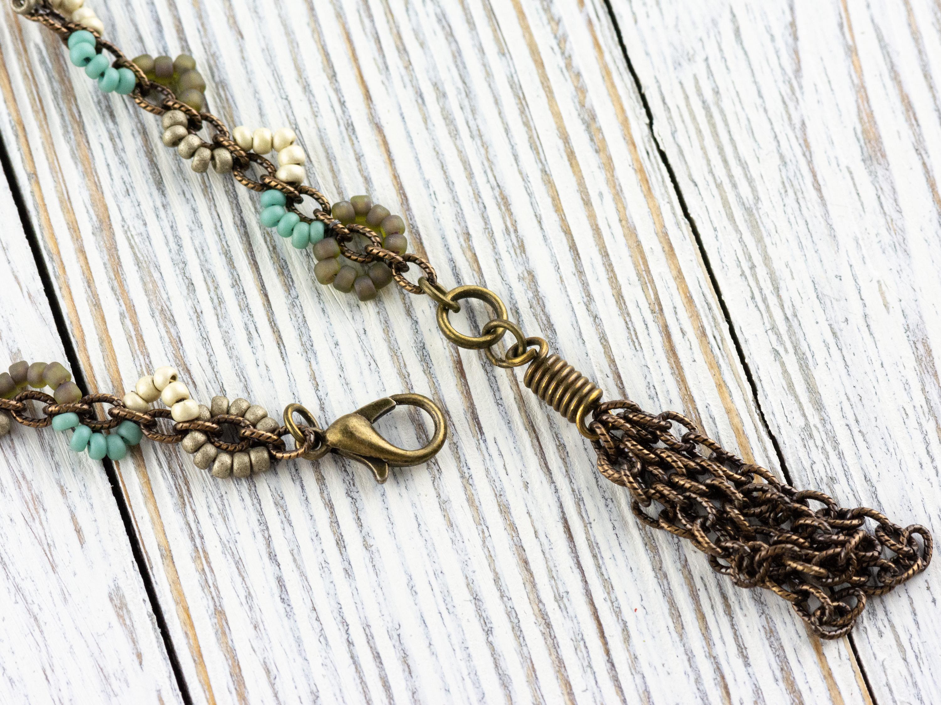 Earth Tone Seed Bead Boho Necklace • Long Brass Chain Tassel Necklace • Nature Inspired Handmade Bohemian Jewelry • Unique Necklace