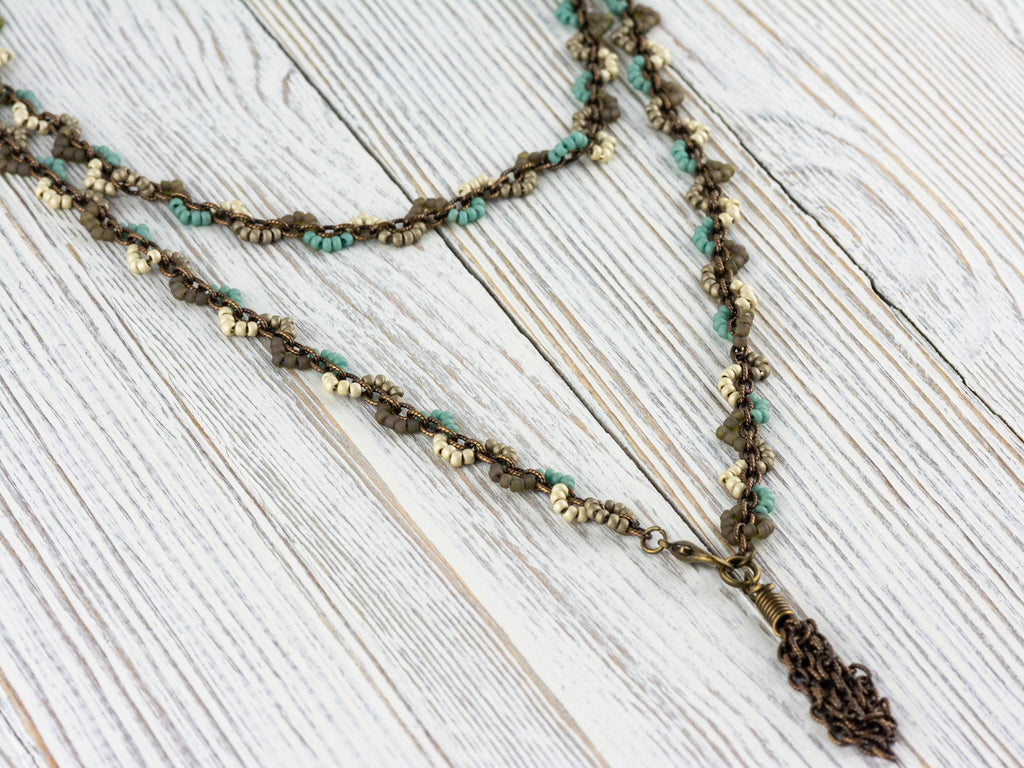 Earth Tone Seed Bead Boho Necklace • Long Brass Chain Tassel Necklace • Nature Inspired Handmade Bohemian Jewelry • Unique Necklace