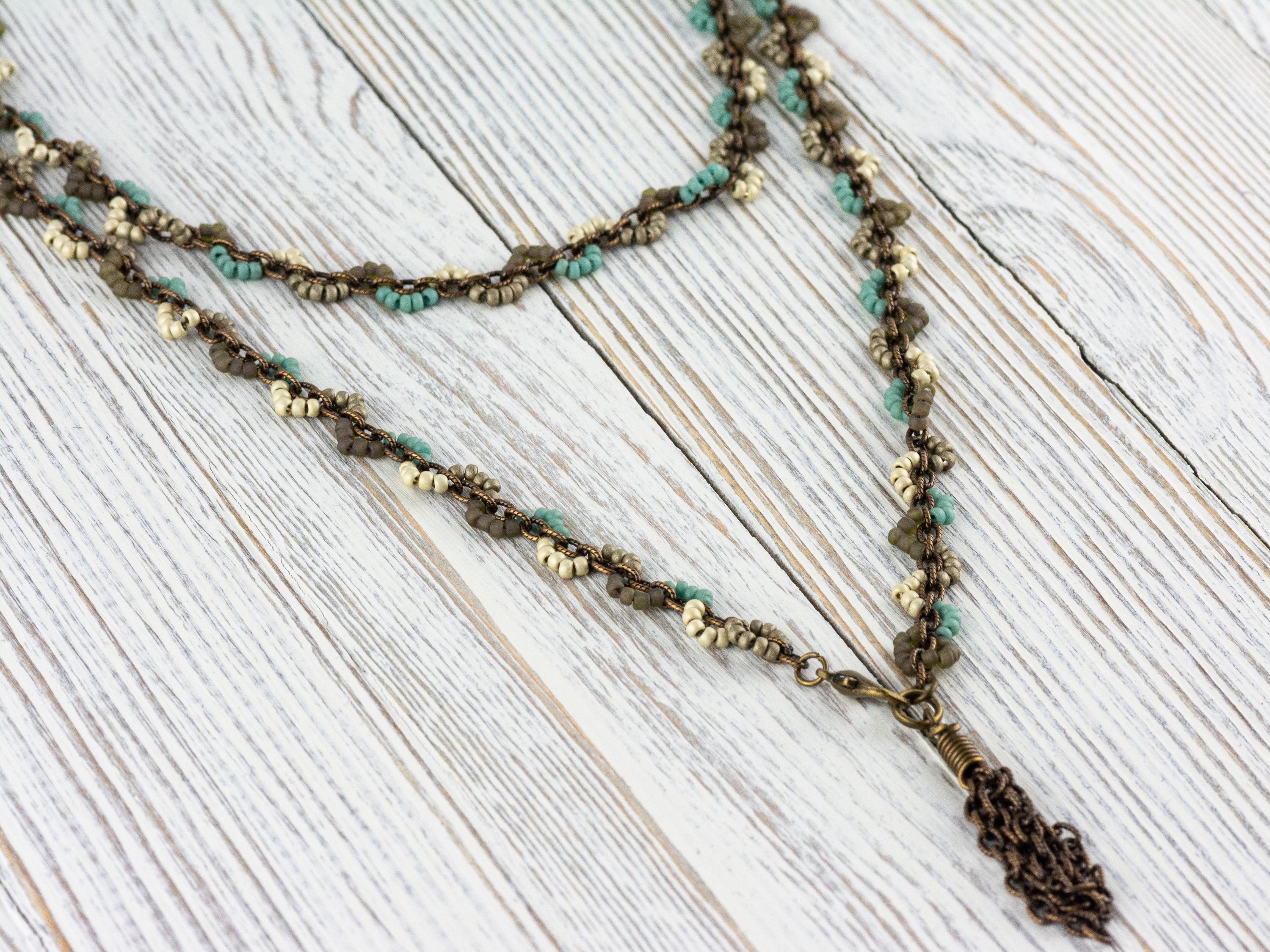 Earth Tone Seed Bead Boho Necklace • Long Brass Chain Tassel Necklace • Nature Inspired Handmade Bohemian Jewelry • Unique Necklace