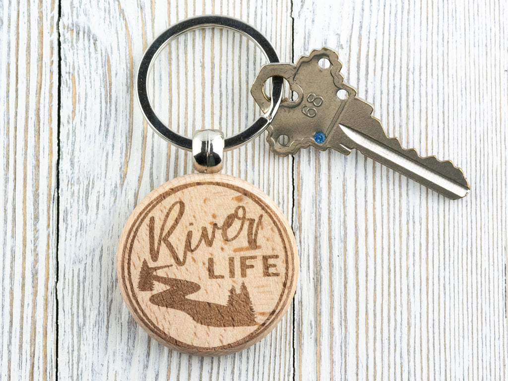 River Life Natural Wood Keychain • Laser-Engraved Stainless Steel Keyring • Double-Sided