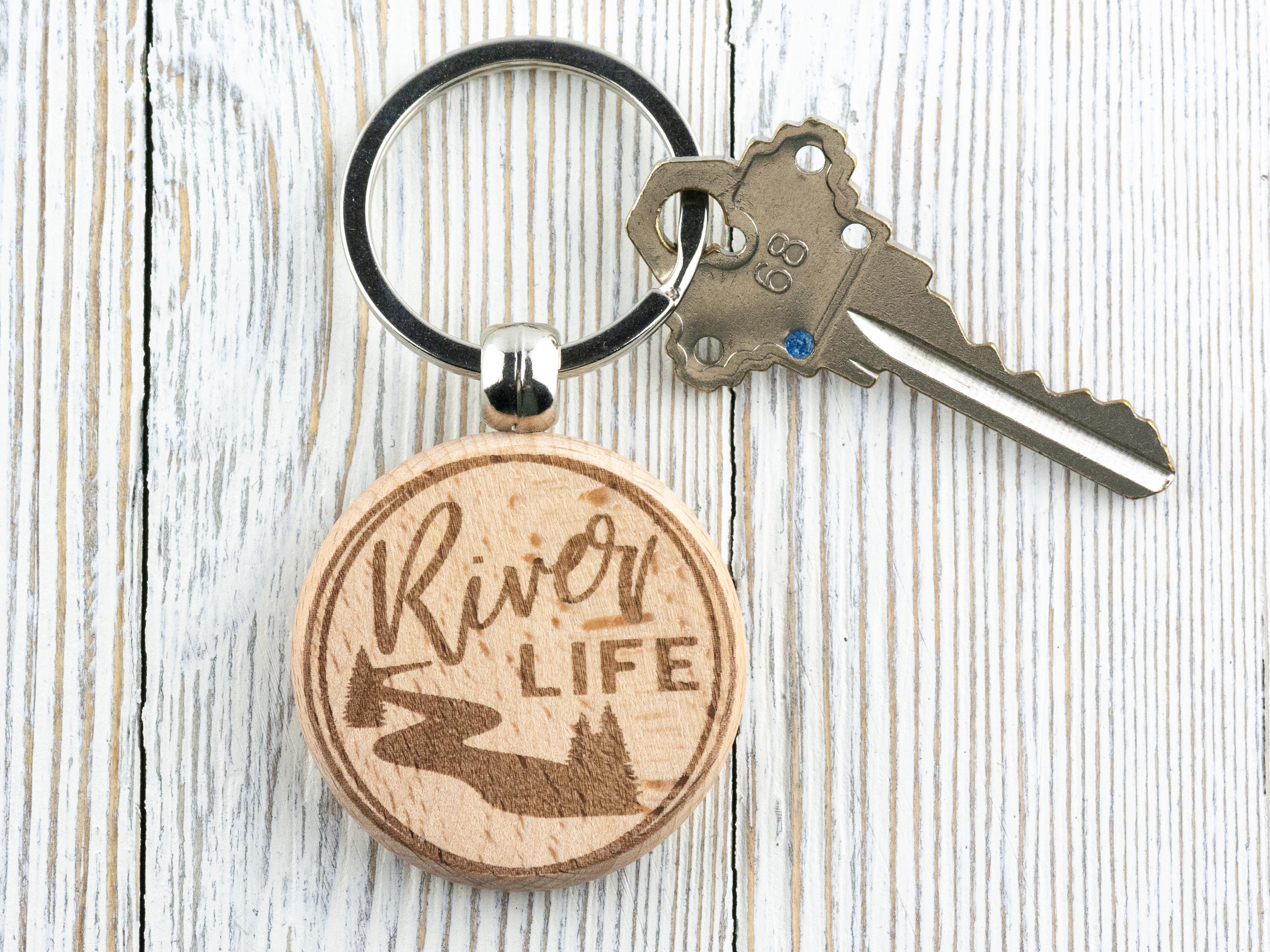 River Life Natural Wood Keychain • Laser-Engraved Stainless Steel Keyring • Double-Sided