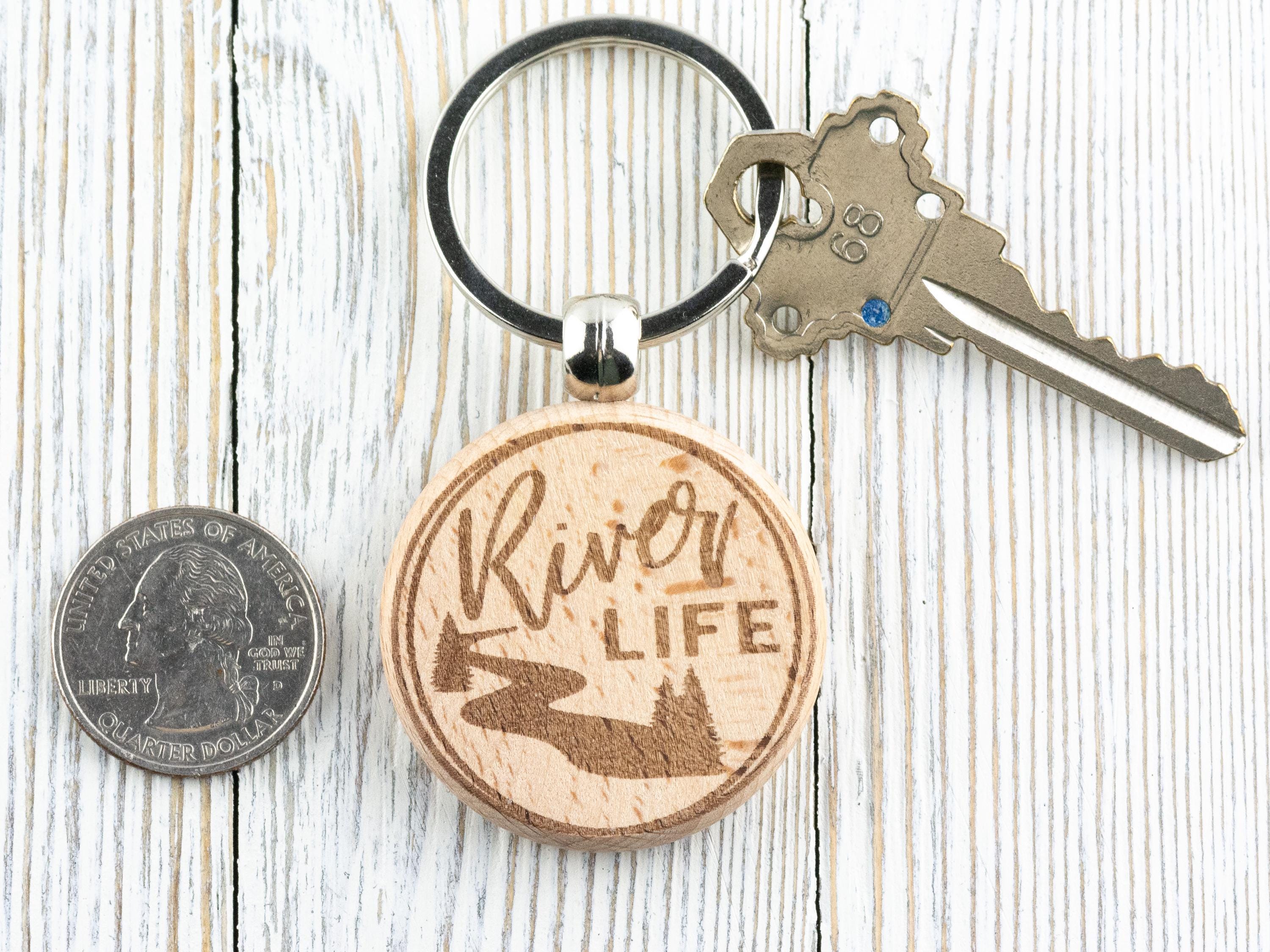 River Life Natural Wood Keychain • Laser-Engraved Stainless Steel Keyring • Double-Sided