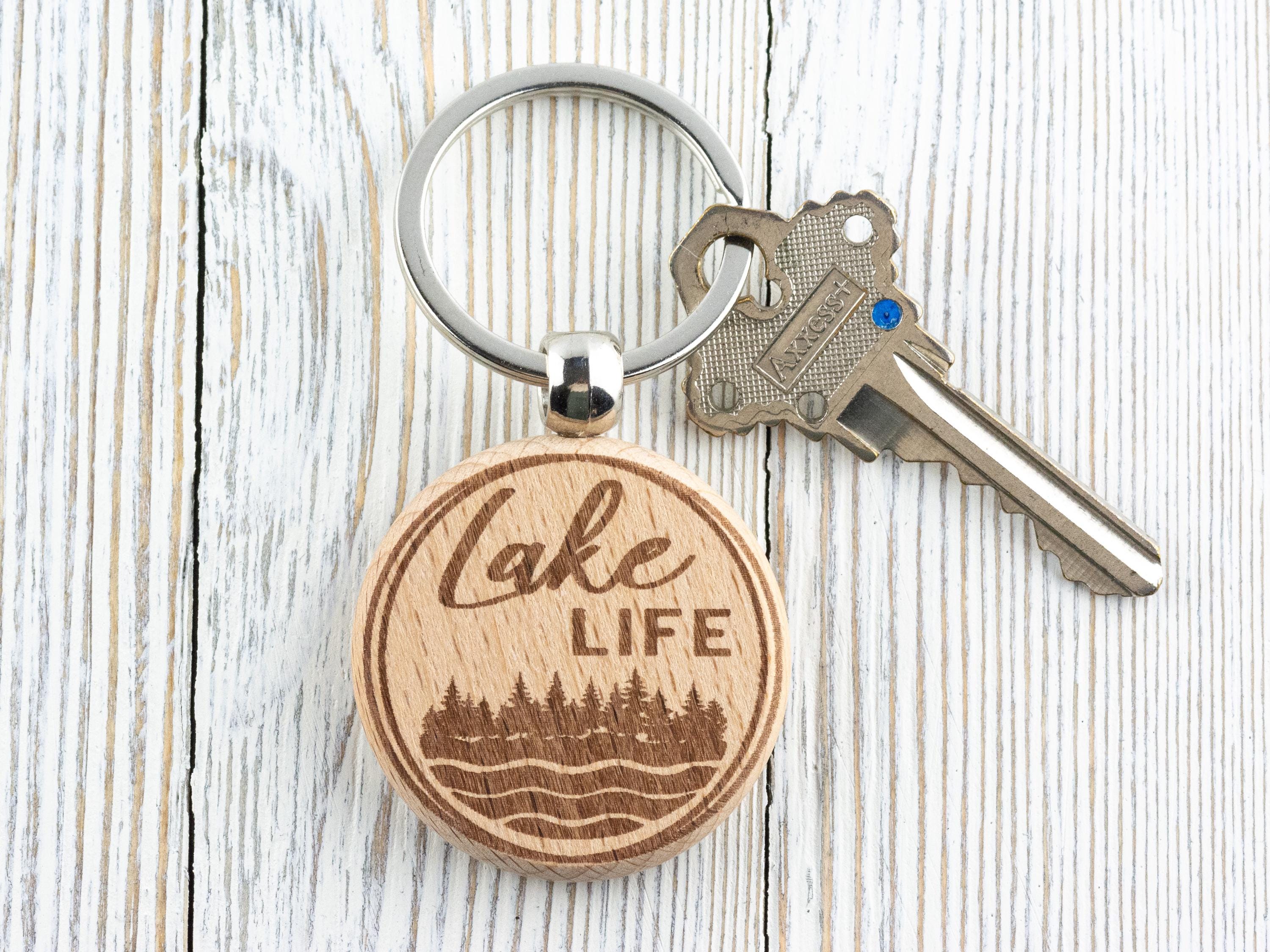 Lake Life Natural Wood Keychain • Laser-Engraved Stainless Steel Keyring • Double-Sided