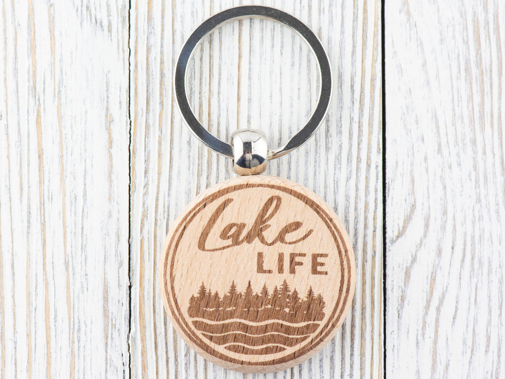 Lake Life Natural Wood Keychain • Laser-Engraved Stainless Steel Keyring • Double-Sided