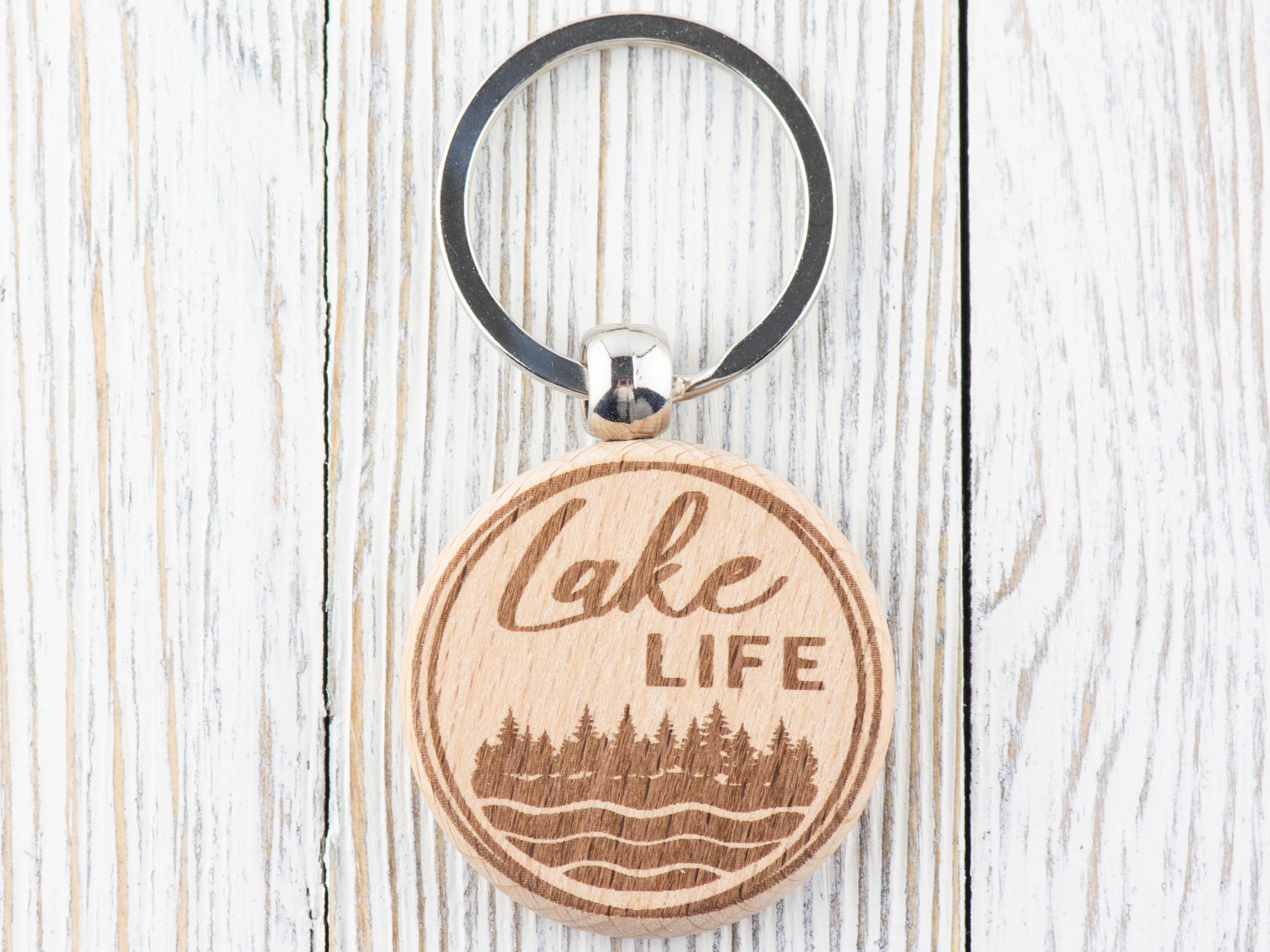 Lake Life Natural Wood Keychain • Laser-Engraved Stainless Steel Keyring • Double-Sided