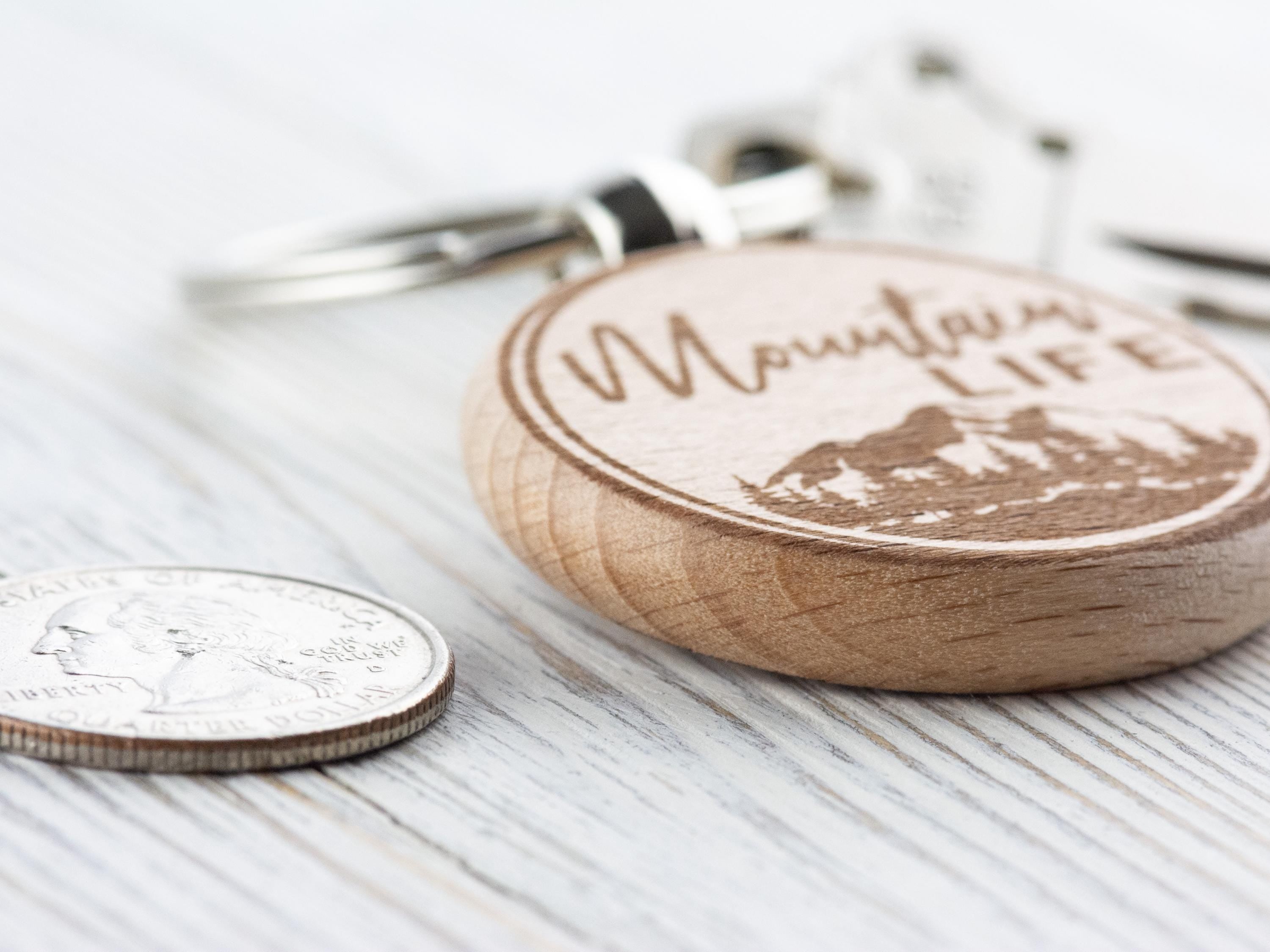 Mountain Life Natural Wood Keychain • Laser-Engraved Stainless Steel Keyring • Double-Sided
