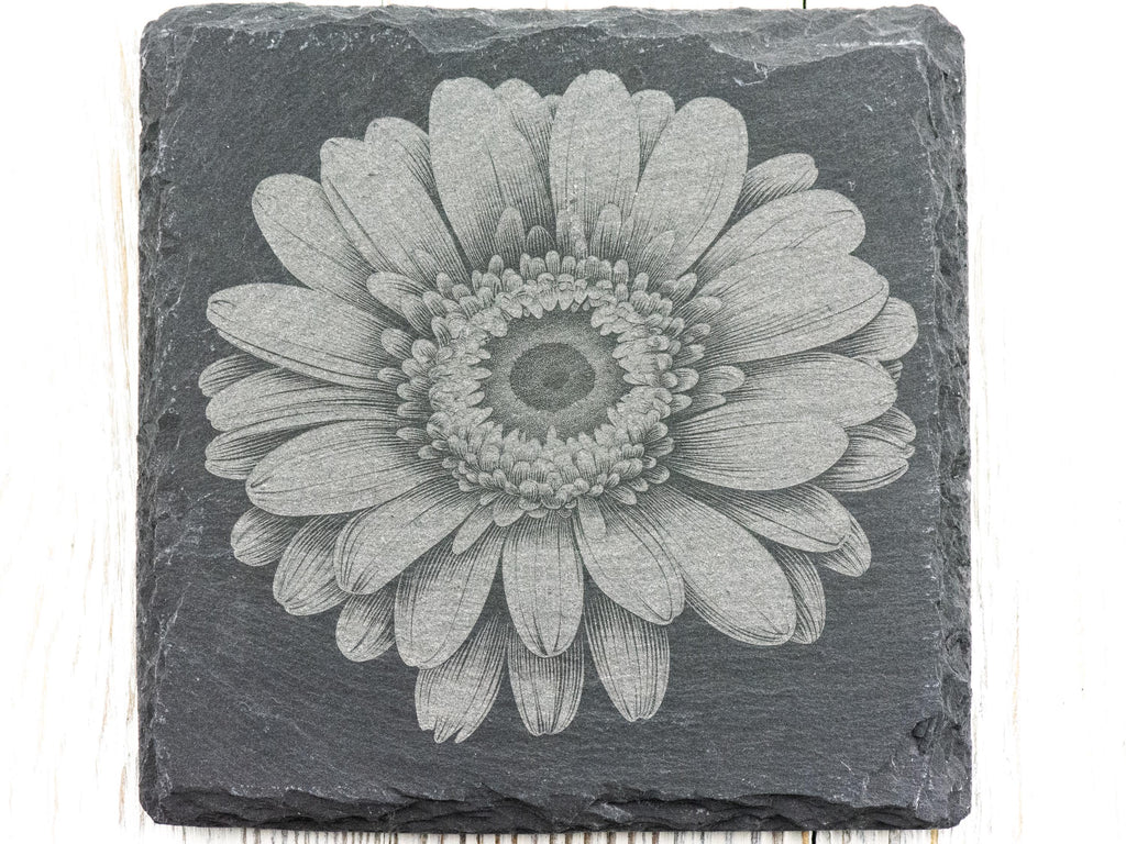 Laser Engraved Gerbera Daisy Black Slate Square Coaster • Rustic Barware
