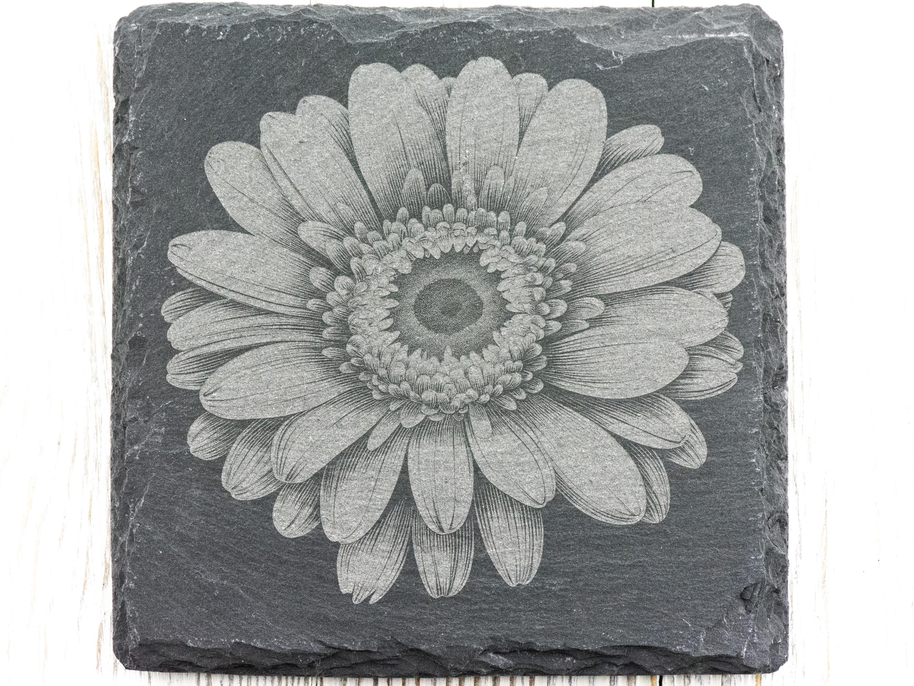 Laser Engraved Gerbera Daisy Black Slate Square Coaster • Rustic Barware