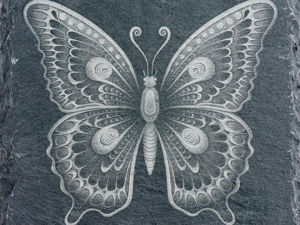 Laser Engraved Butterfly #2 Black Slate Square Coaster • Rustic Barware
