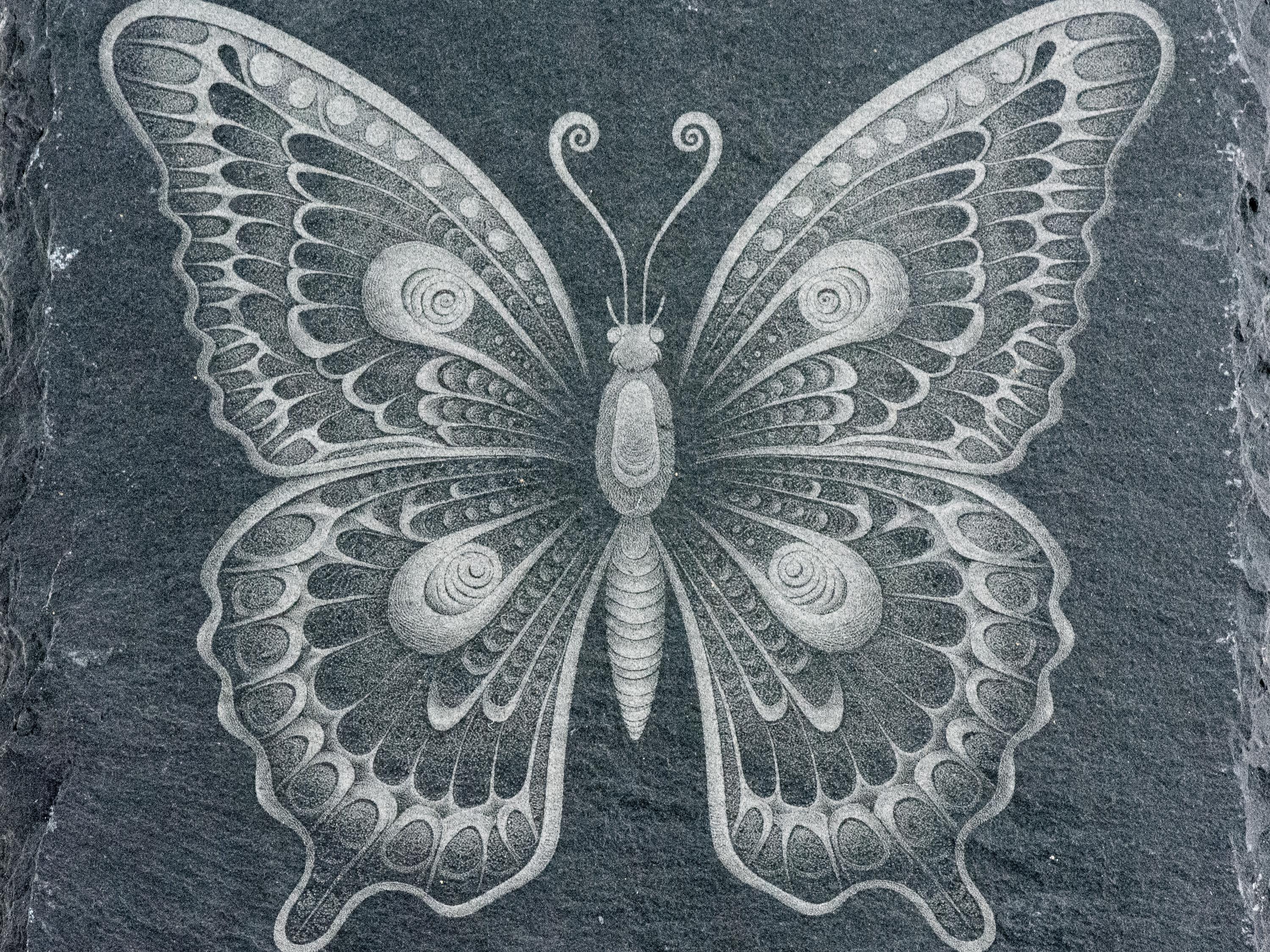 Laser Engraved Butterfly #2 Black Slate Square Coaster • Rustic Barware