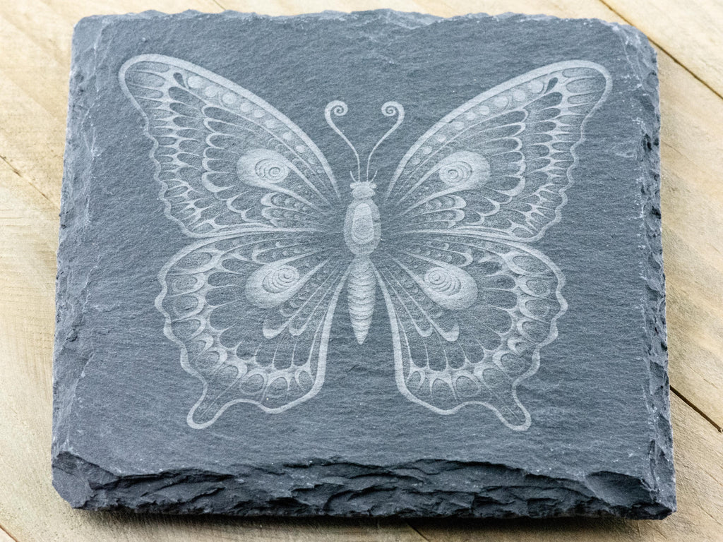 Laser Engraved Butterfly #2 Black Slate Square Coaster • Rustic Barware