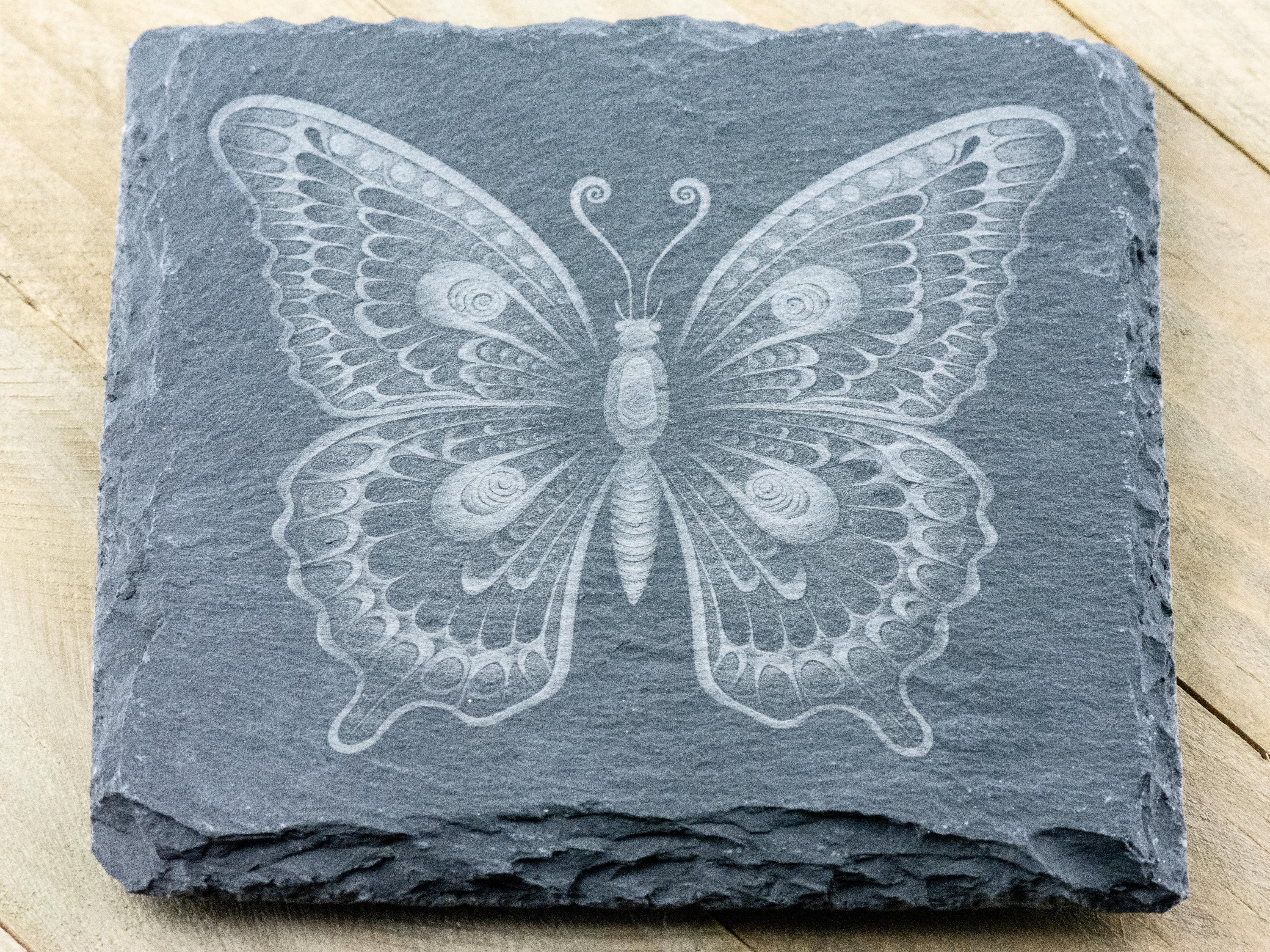 Laser Engraved Butterfly #2 Black Slate Square Coaster • Rustic Barware
