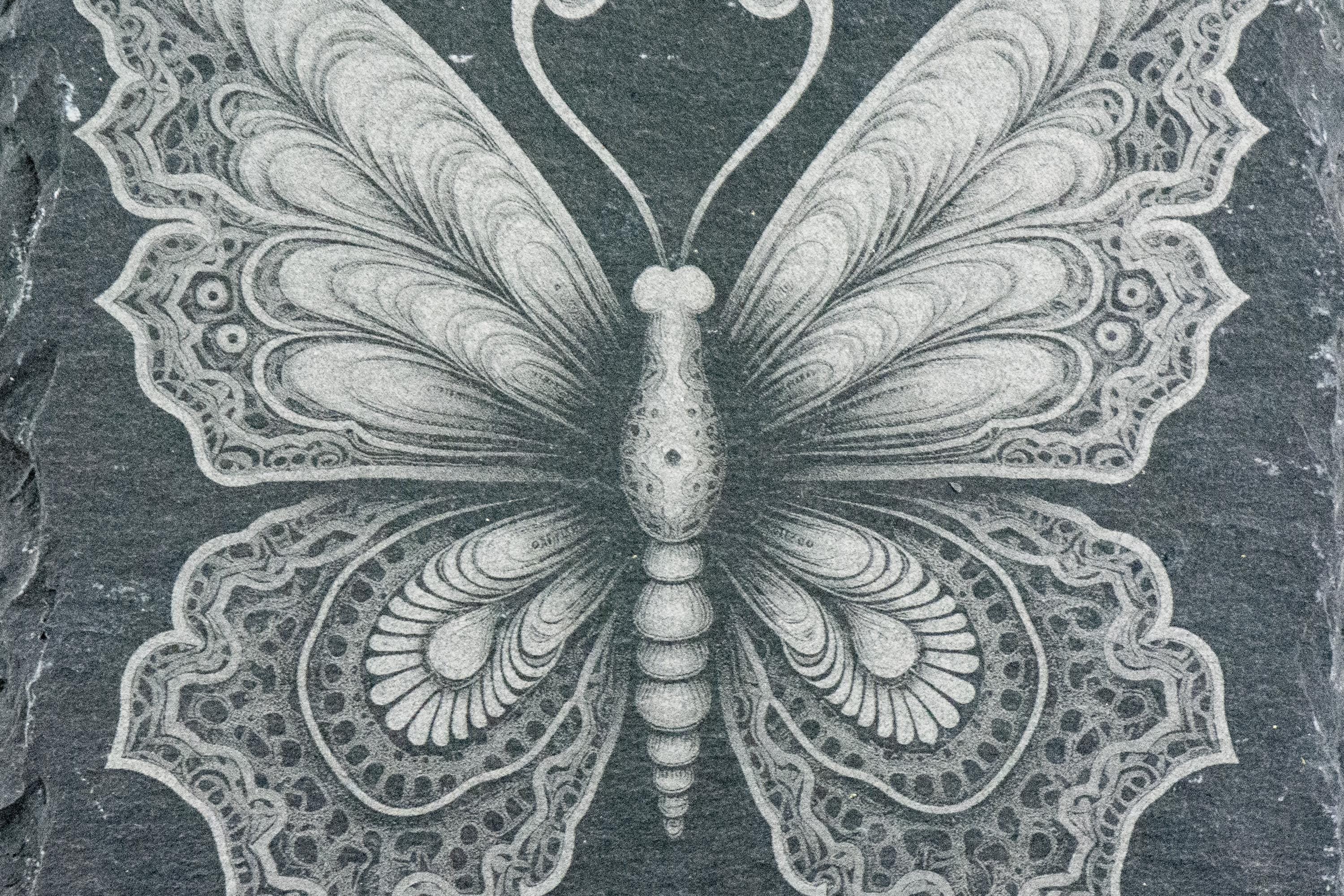 Laser Engraved Butterfly #3 Black Slate Square Coaster • Rustic Barware
