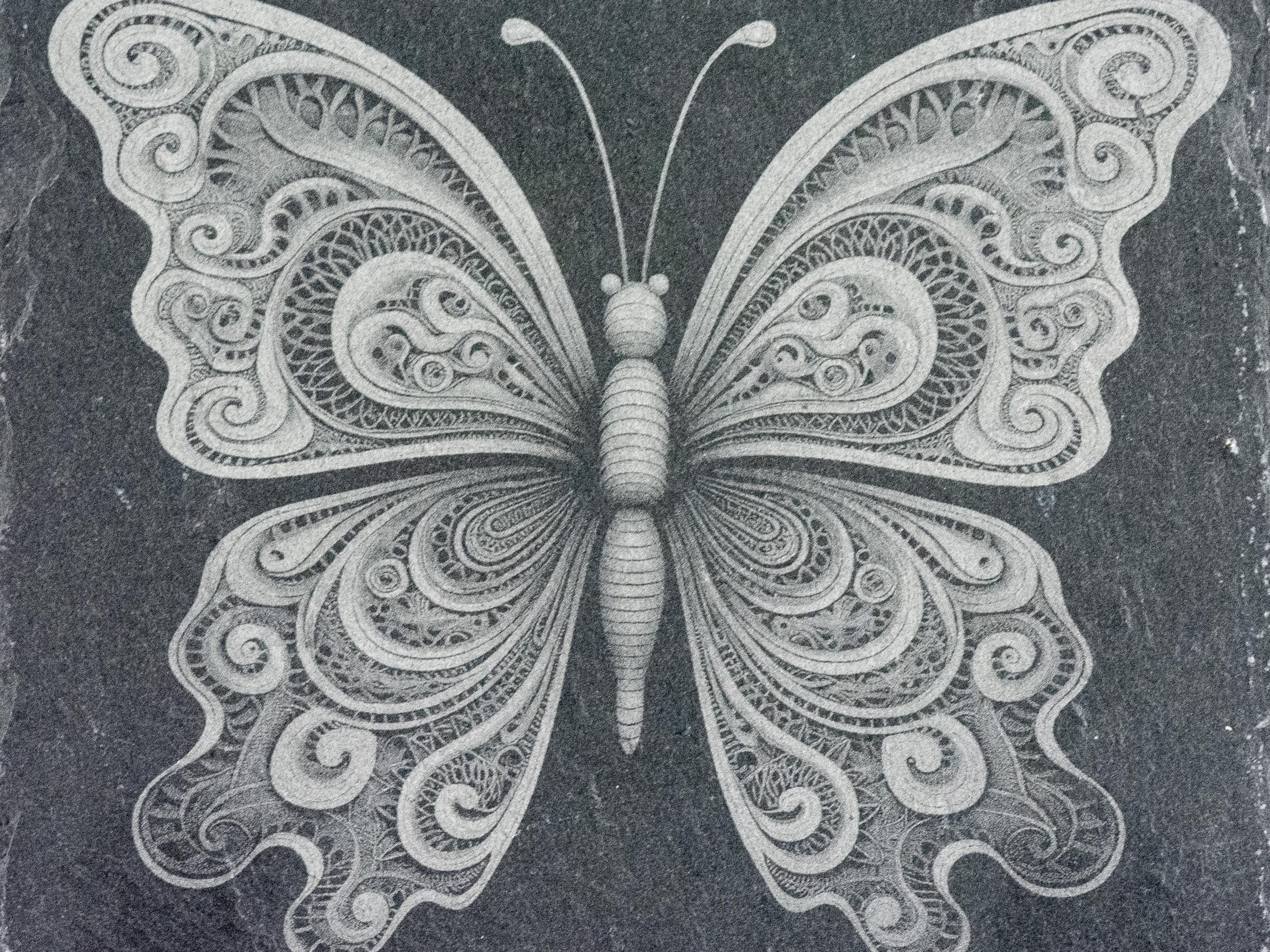 Laser Engraved Butterfly #4 Black Slate Square Coaster • Rustic Barware