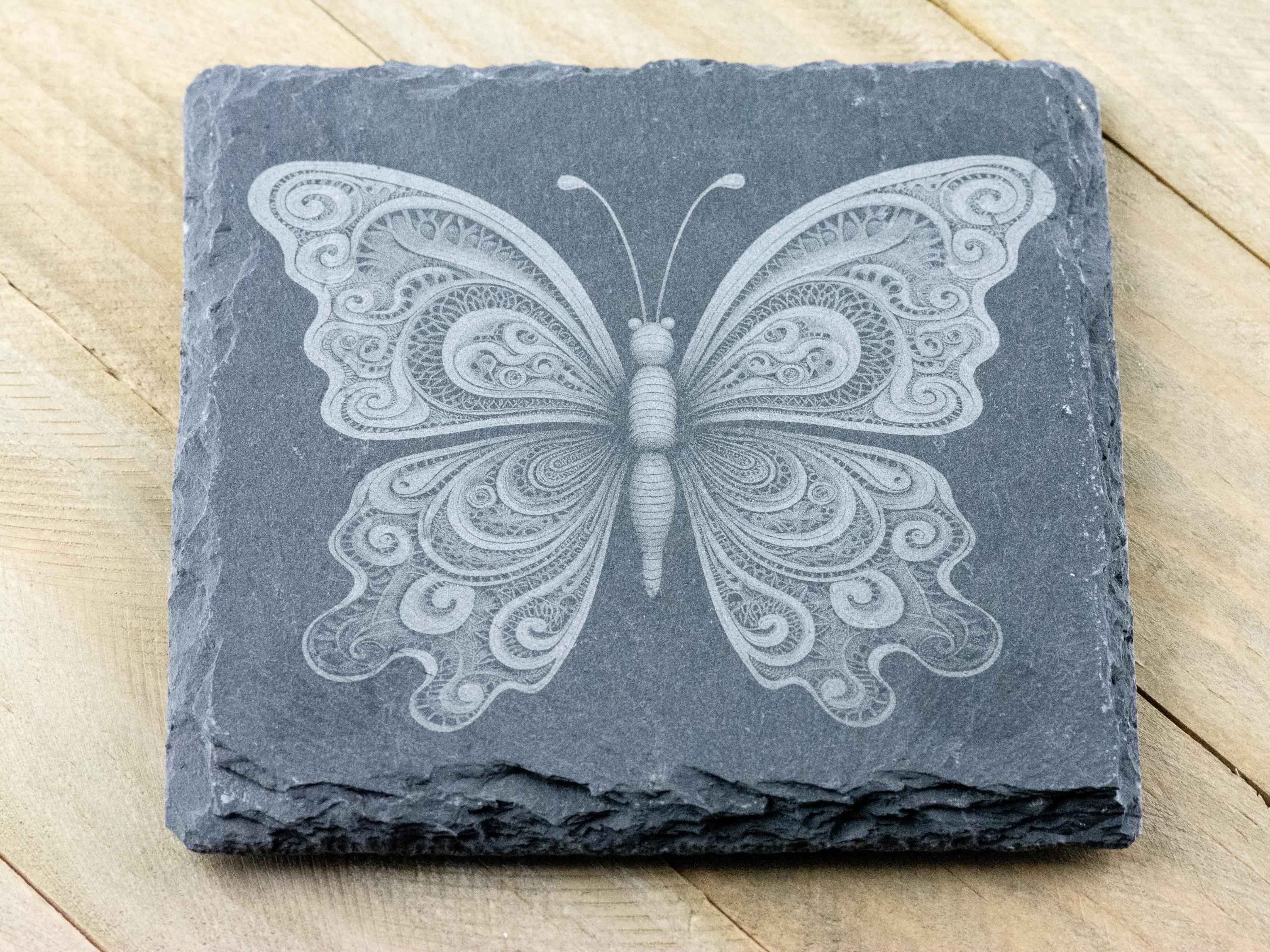 Laser Engraved Butterfly #4 Black Slate Square Coaster • Rustic Barware