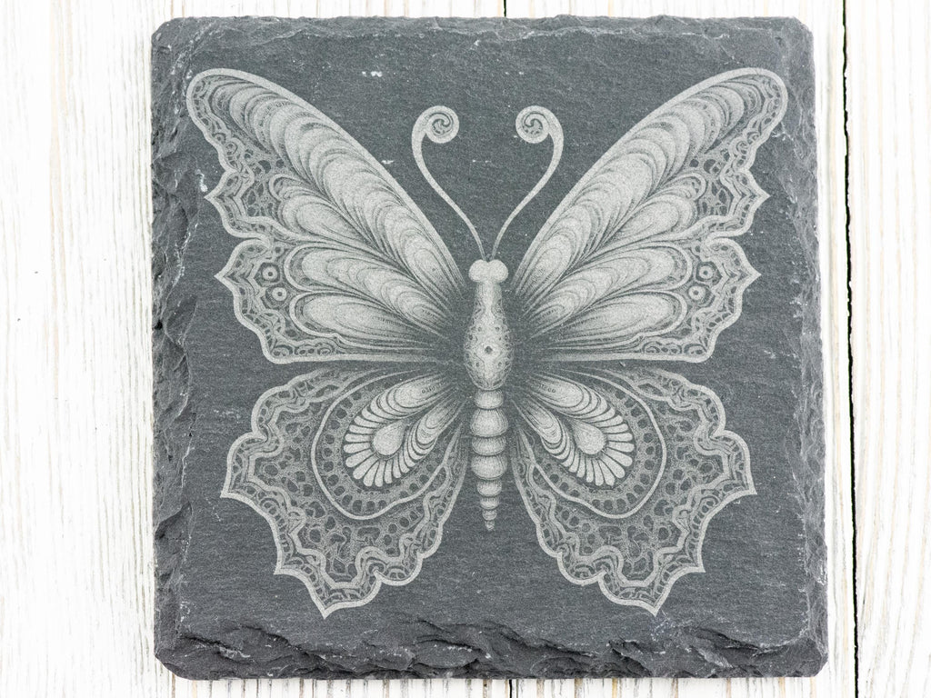 Laser Engraved Butterfly #3 Black Slate Square Coaster • Rustic Barware