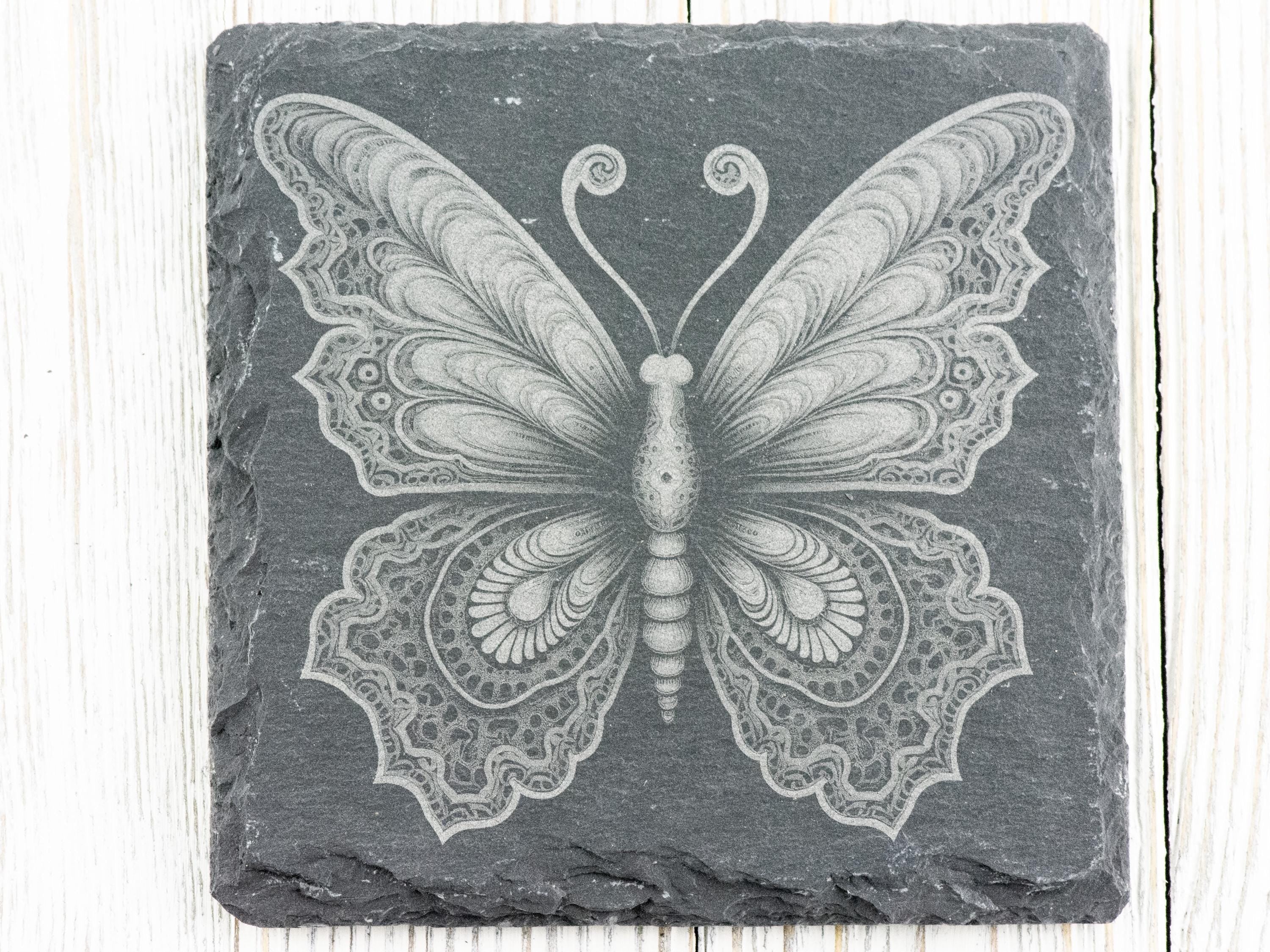 Laser Engraved Butterfly #3 Black Slate Square Coaster • Rustic Barware
